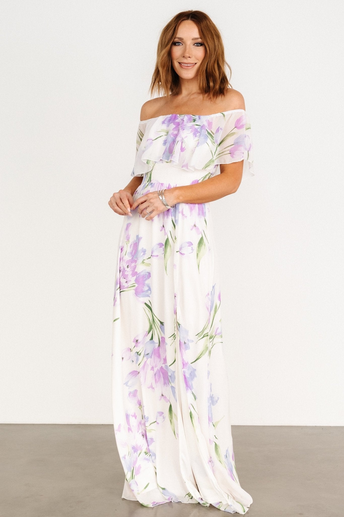 Daphne Off Shoulder Maxi Dress | Ivory + Lavender Floral Cheap Sale Excellent