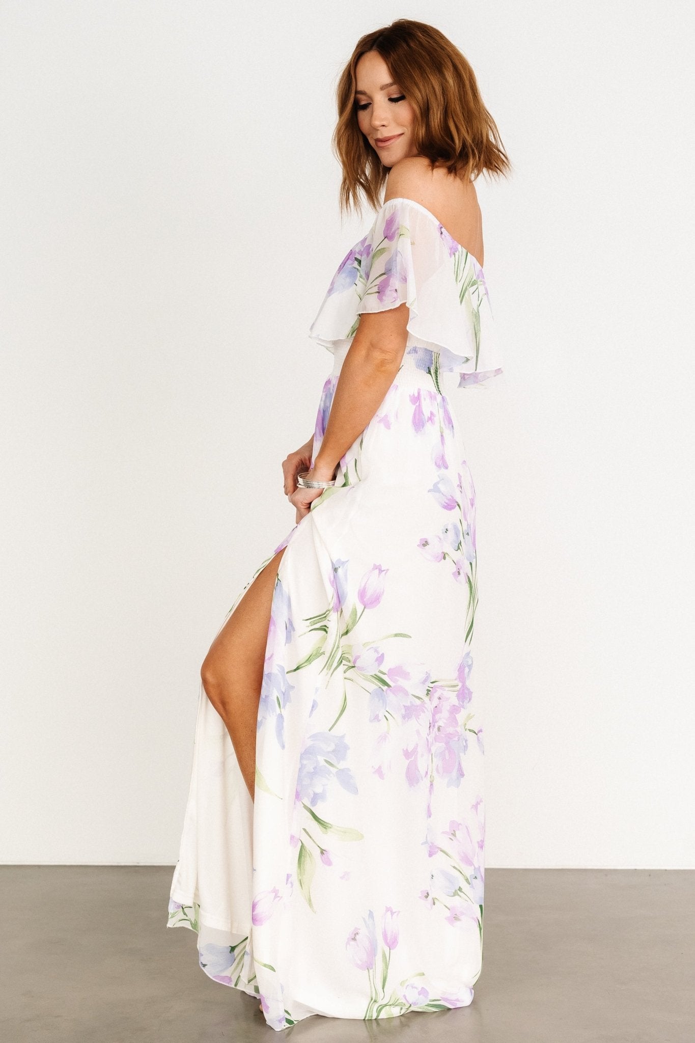 Daphne Off Shoulder Maxi Dress | Ivory + Lavender Floral Cheap Sale Excellent