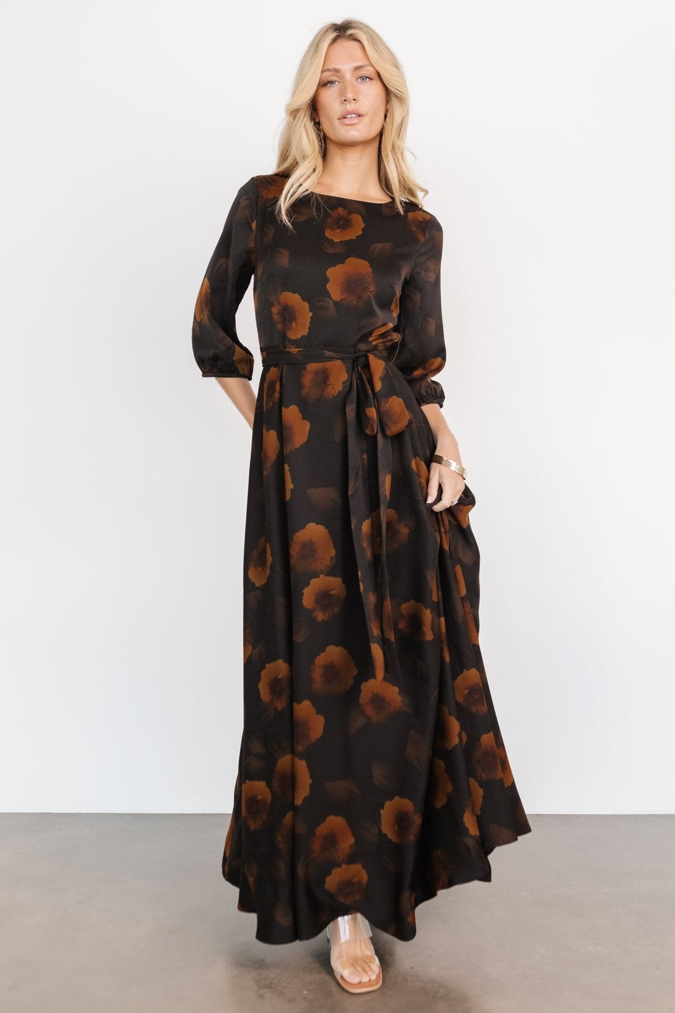 Paula Satin Maxi Dress | Deep Brown Floral Get Authentic For Sale