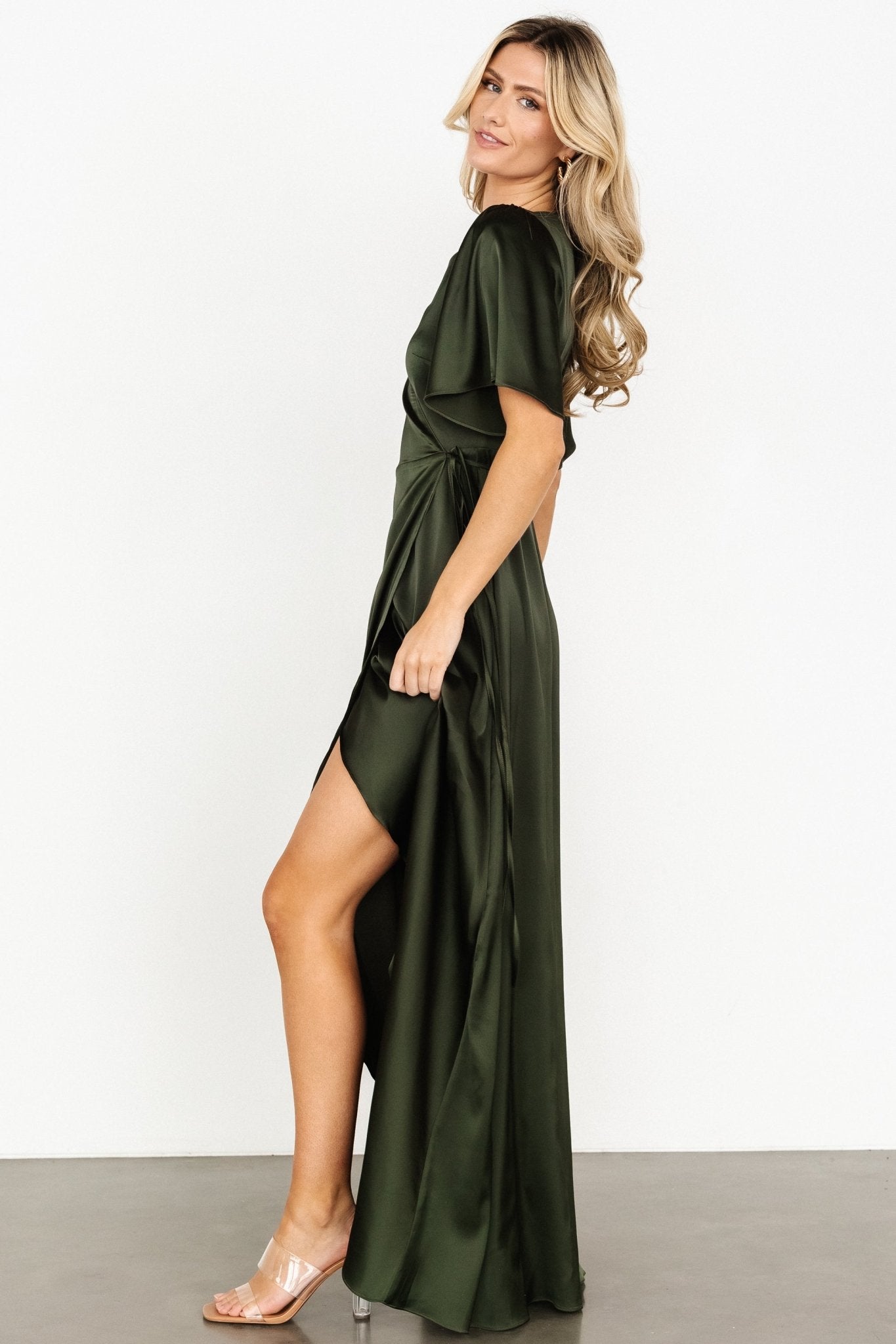 Vara Satin Maxi Wrap Dress | Dark Olive Sale Hot Sale