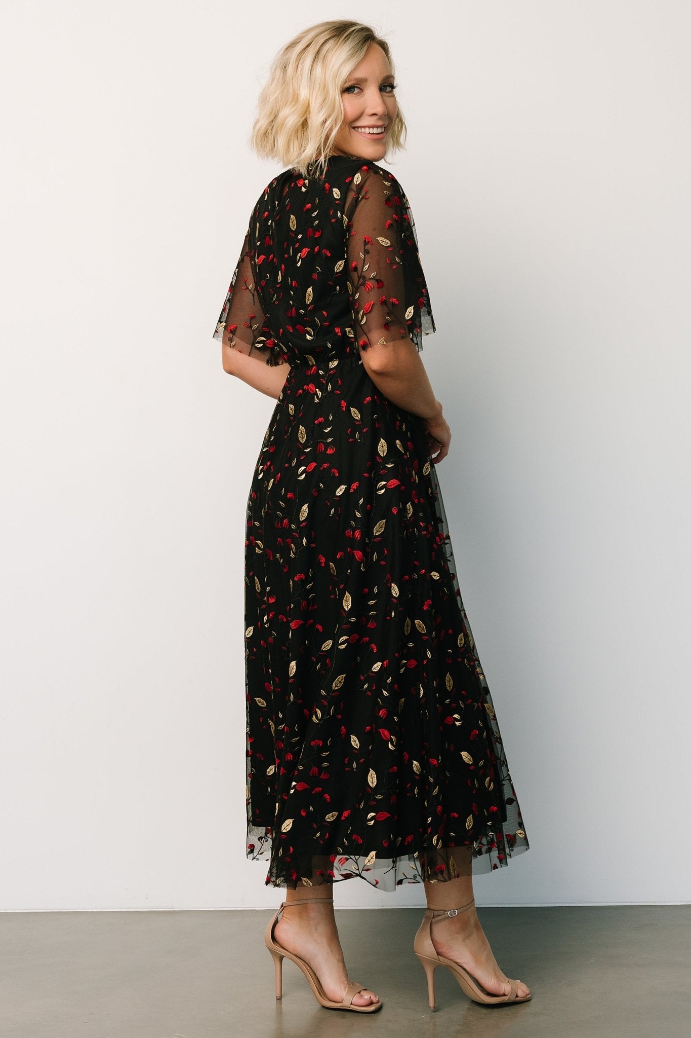 Arabella Embroidered Tulle Maxi Dress | Black + Red Pices For Sale