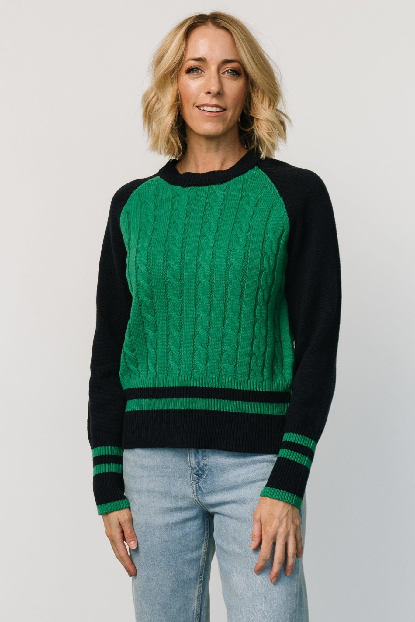 Marsha Cable Knit Sweater | Green + Navy Free Shipping Genuine