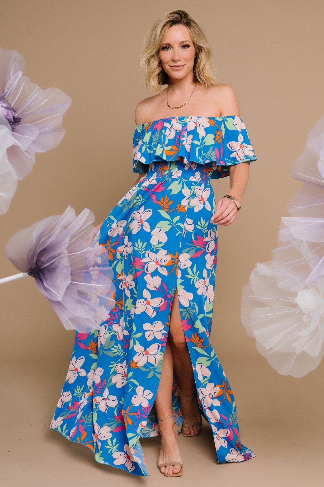 Talia Off Shoulder Maxi Dress | Blue Floral Clearance Newest