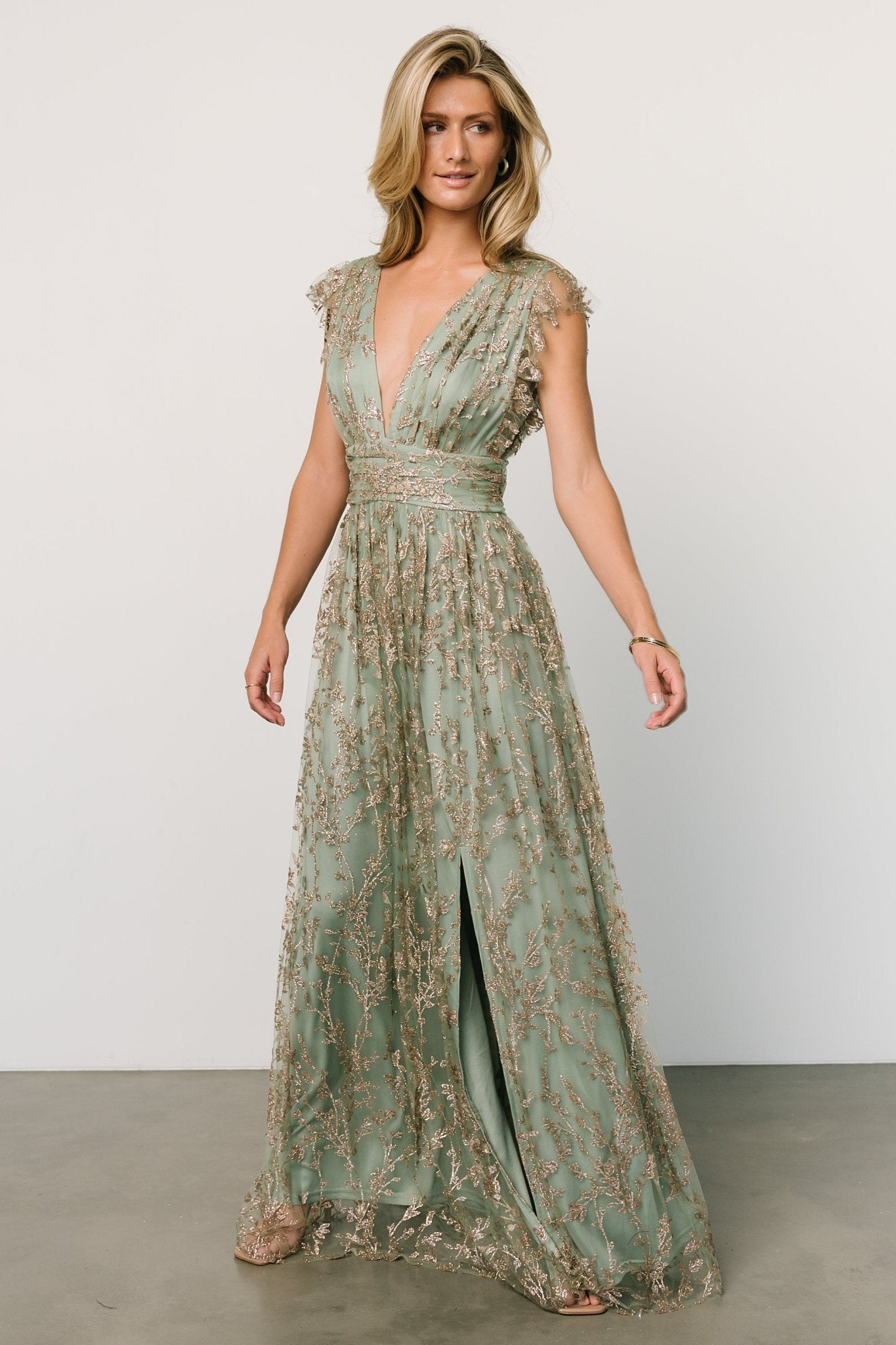 Arlene Shimmer Gown | Sage + Gold Clearance In China