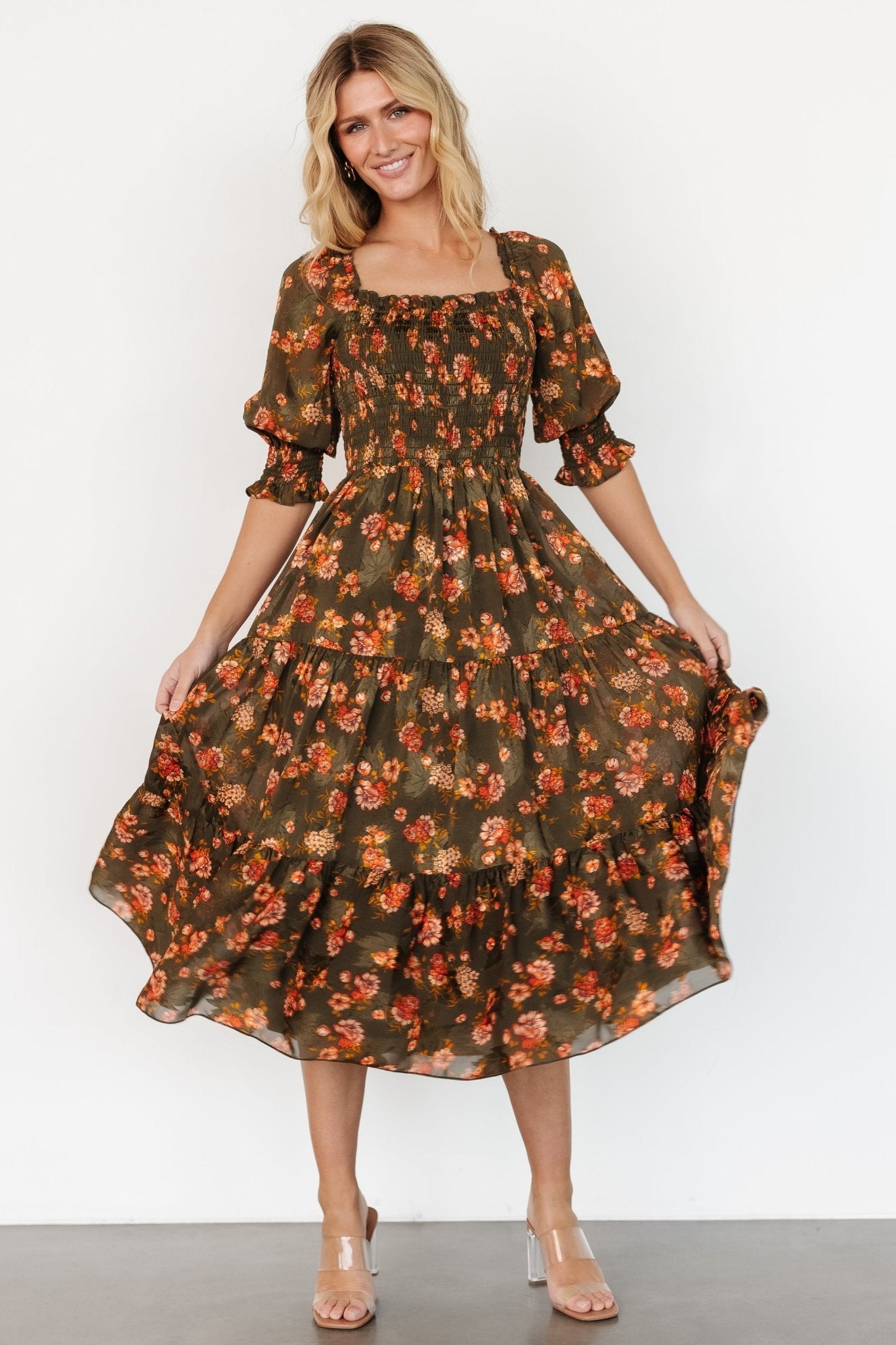 Fabian Jacquard Midi Dress | Olive Floral Cheap Countdown Package