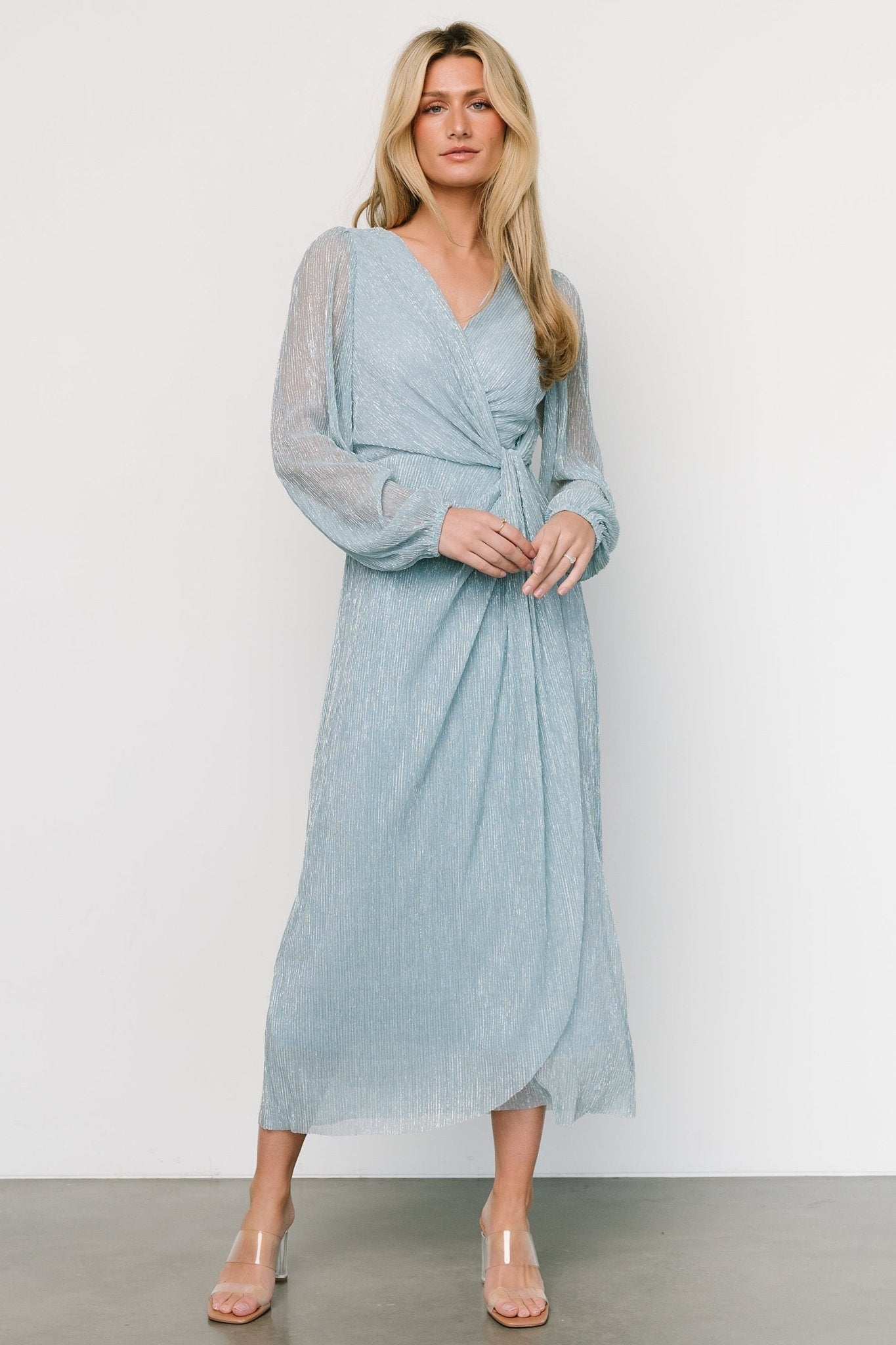 Devlyn Pleated Dress | Dusty Blue Shimmer Sale Finishline