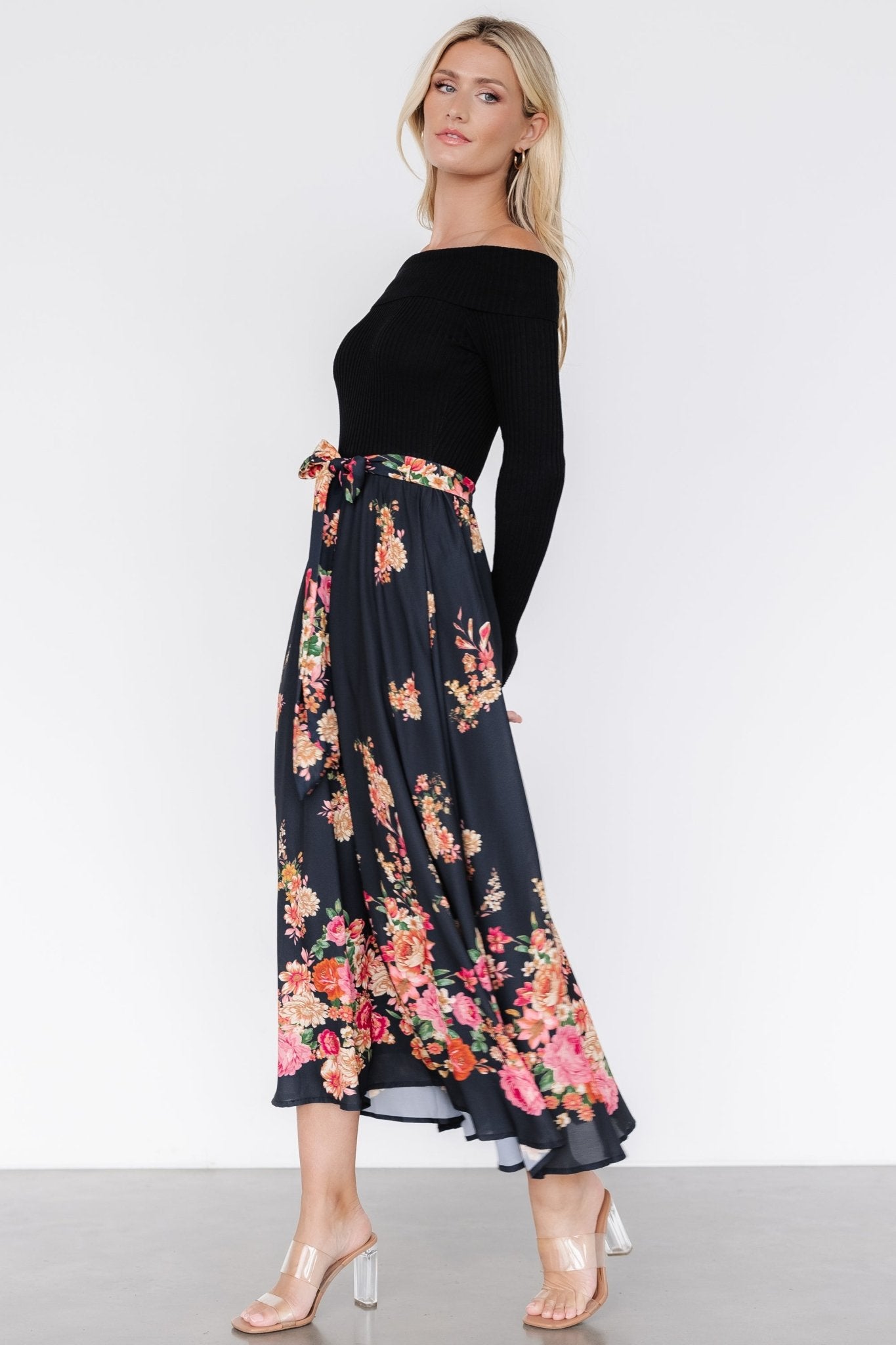 Qadira Off Shoulder Dress | Black + Multi Floral Comfortable