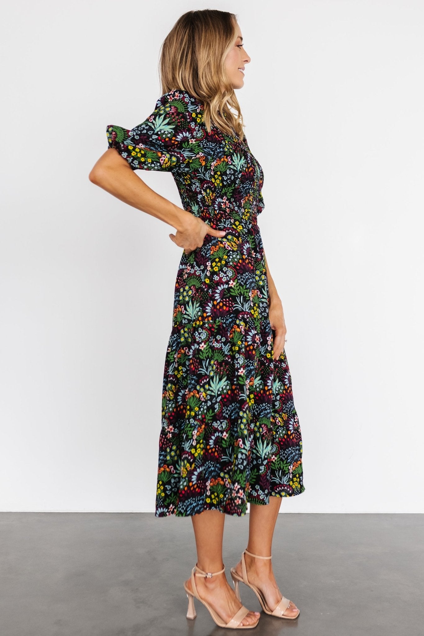 Lena Tiered Midi Dress | Black Multi Floral Cheap Sale View