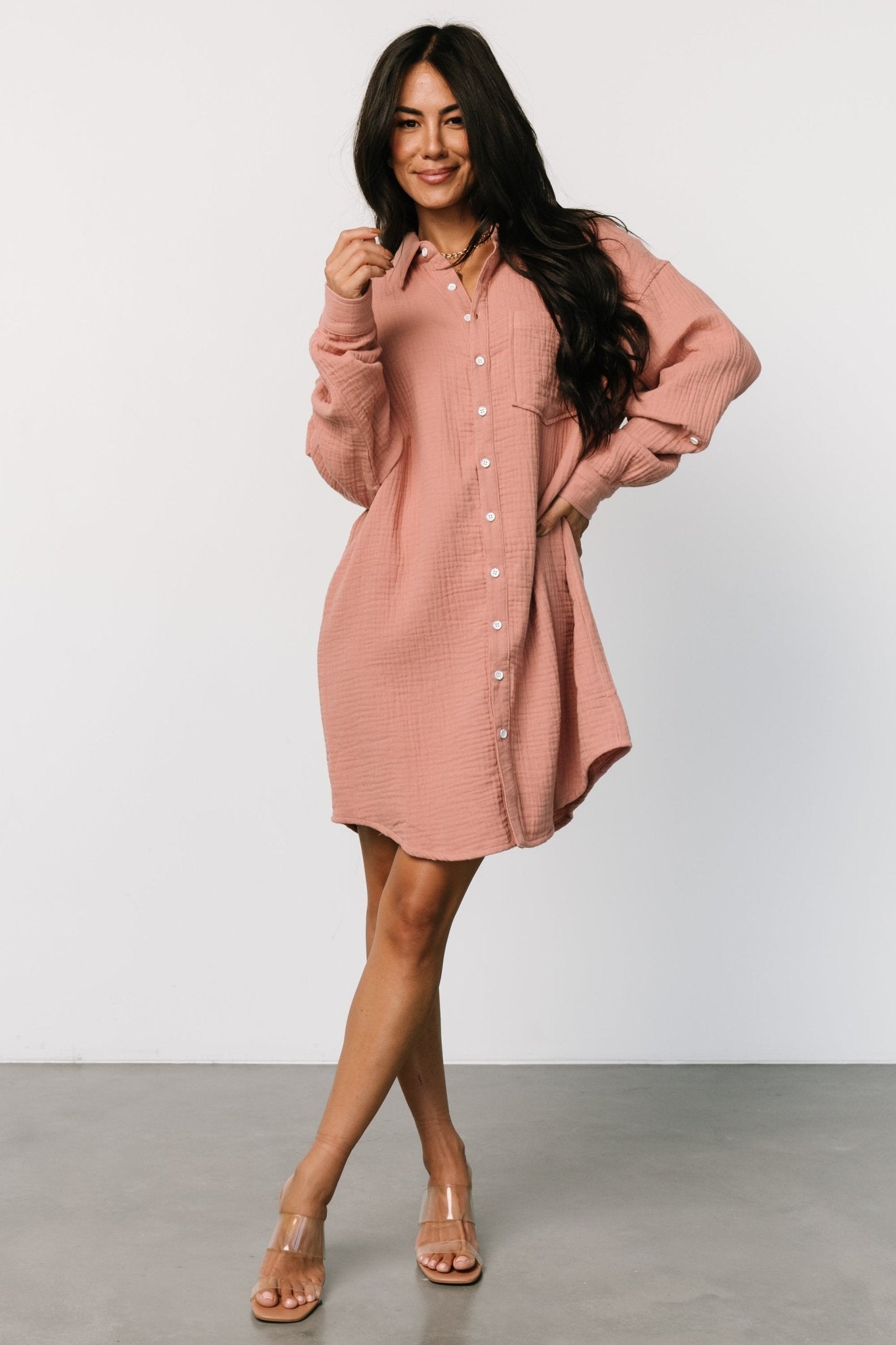 Andres Button Shirt Dress | Dusty Rose Clearance Supply