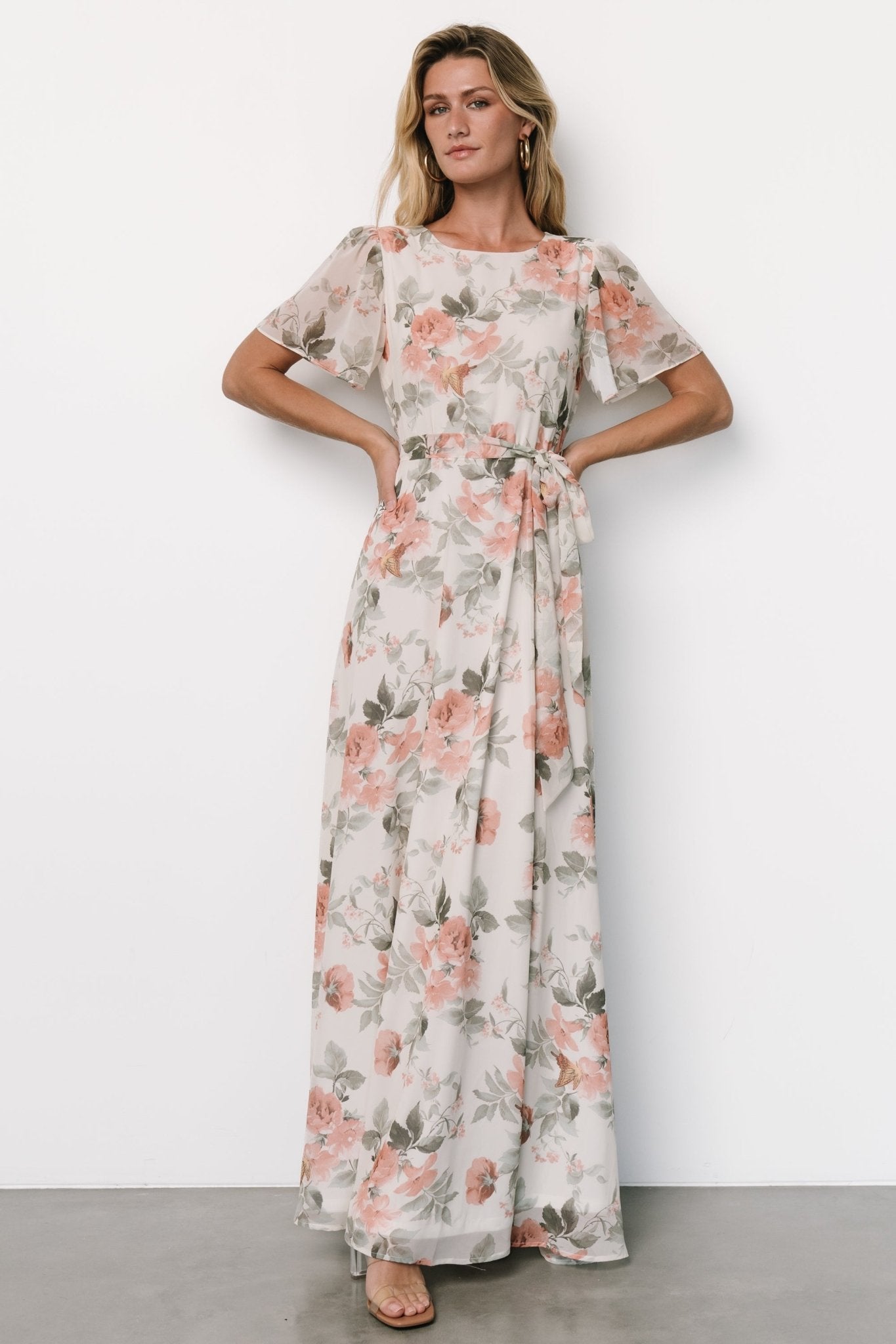 Naomi Short Sleeve Maxi Dress | Ivory + Coral Floral Cheap Get Authentic