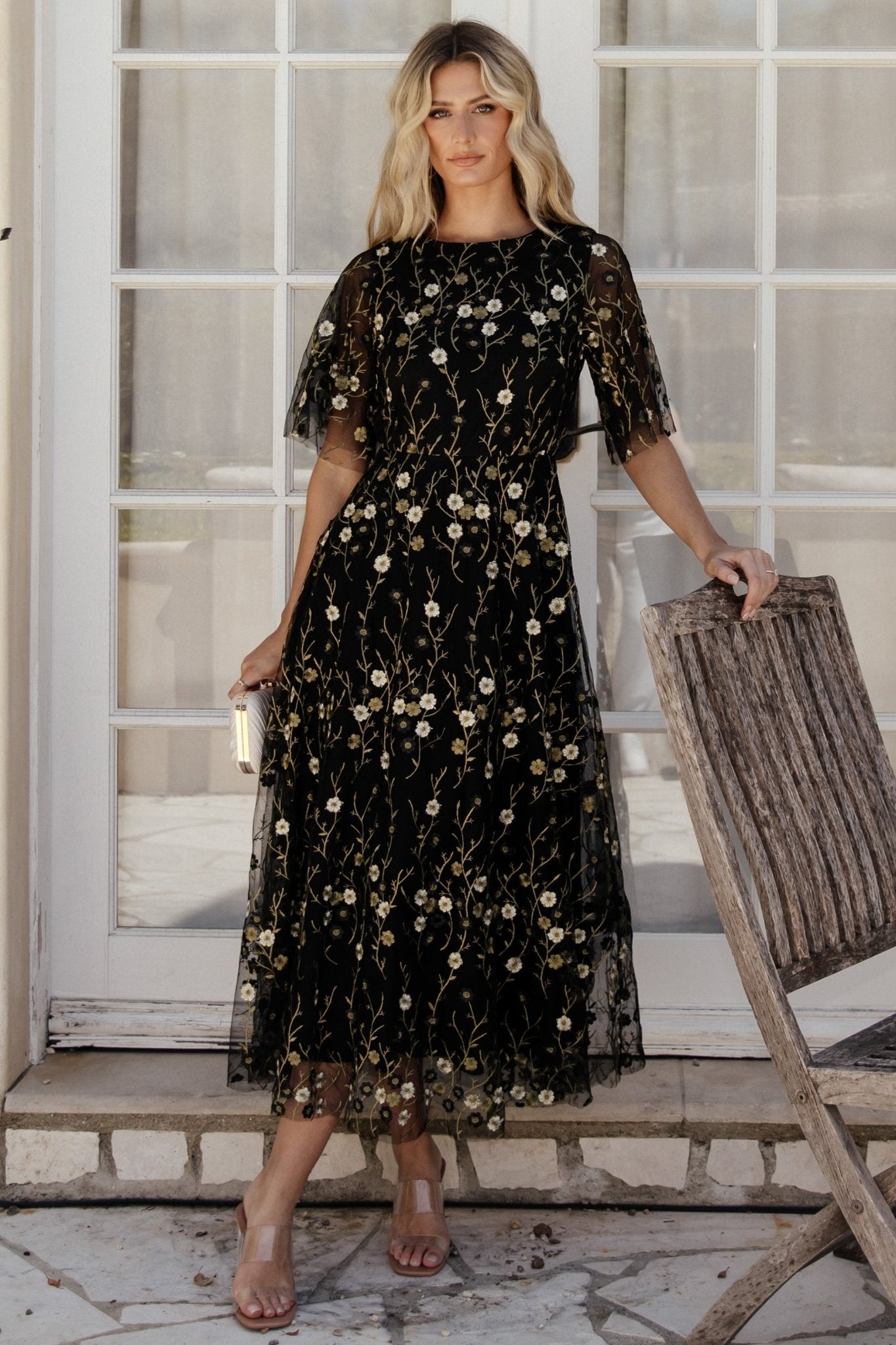 Arabella Embroidered Tulle Maxi Dress | Gold + Black Buy Cheap Hot Sale