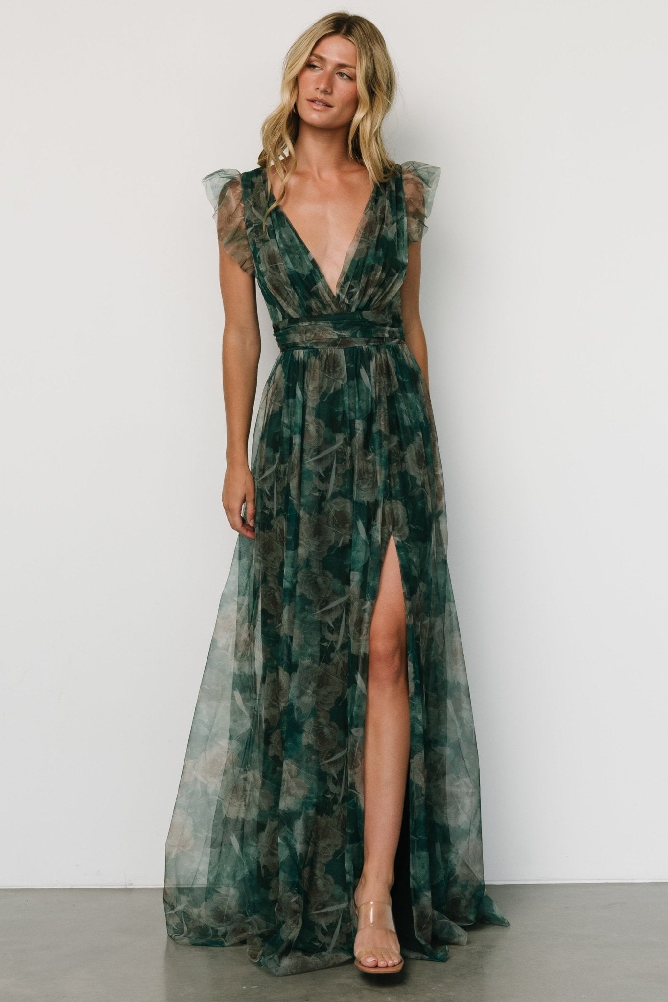 Carmine Maxi Dress | Green Floral Low Pice Fee Shipping