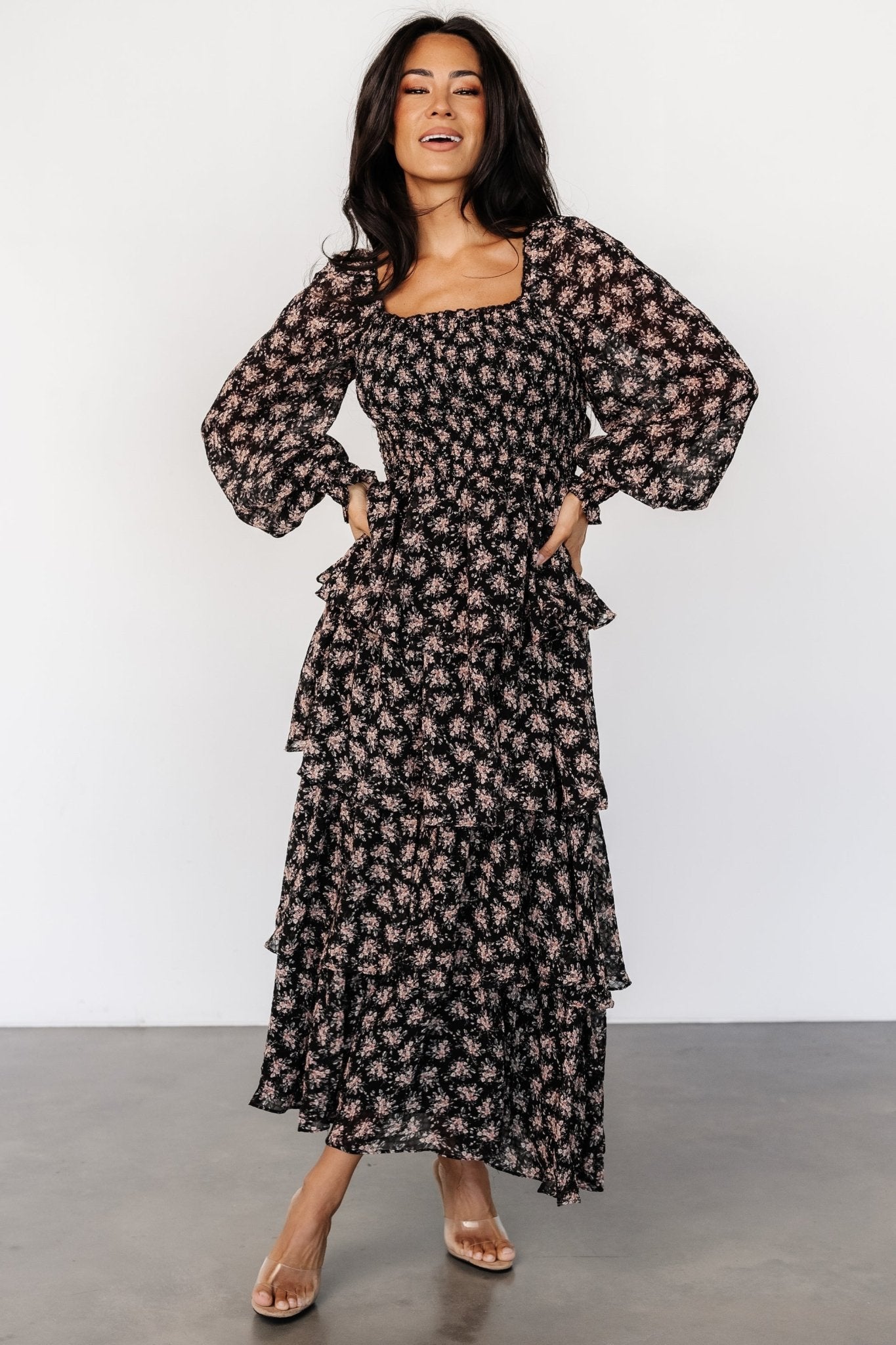 Miranda Tiered Maxi Dress | Black Floral Recommend