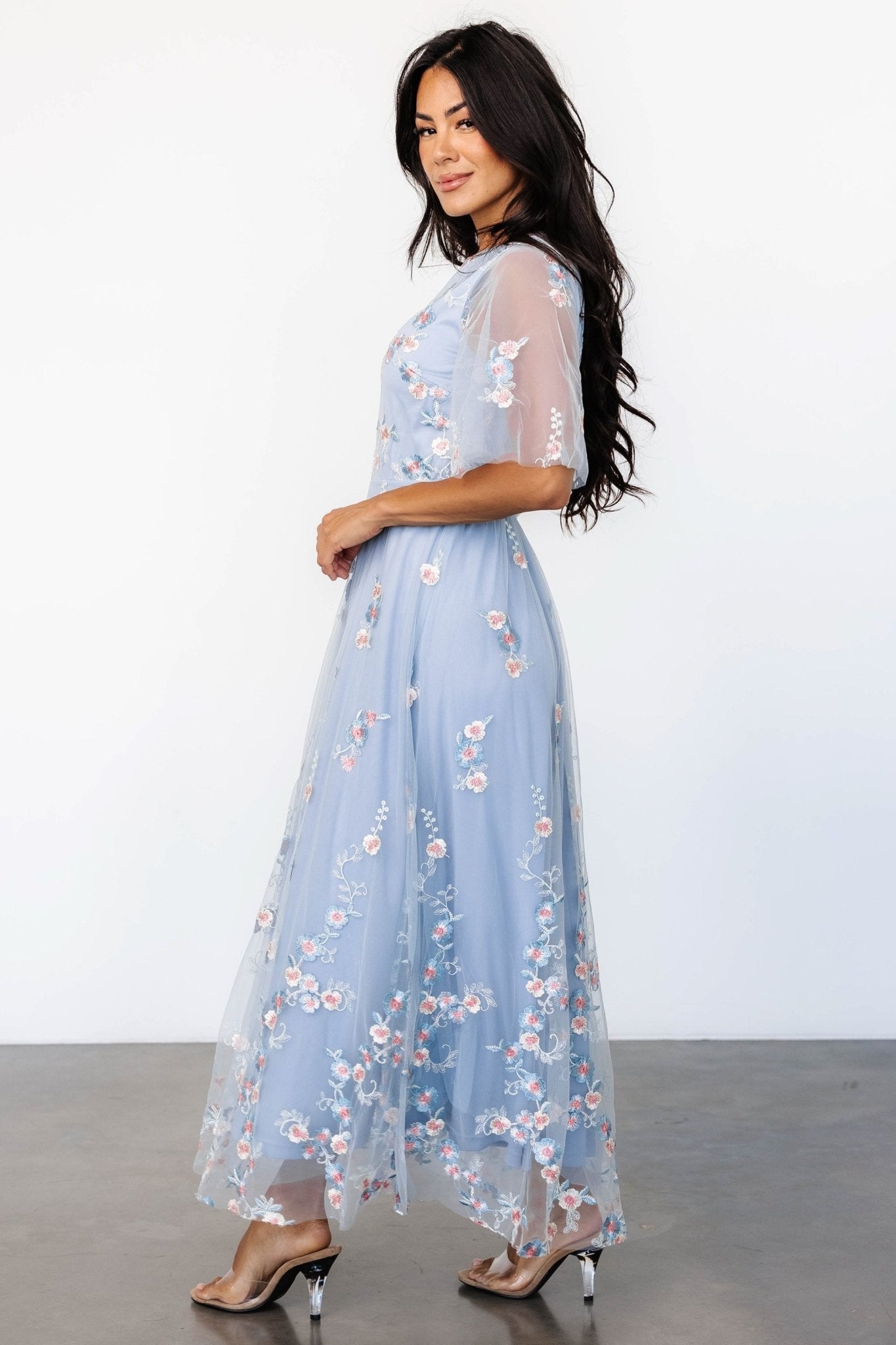 Arabella Embroidered Tulle Maxi Dress | Light Blue + Blush Safe Shopping Cheap Online