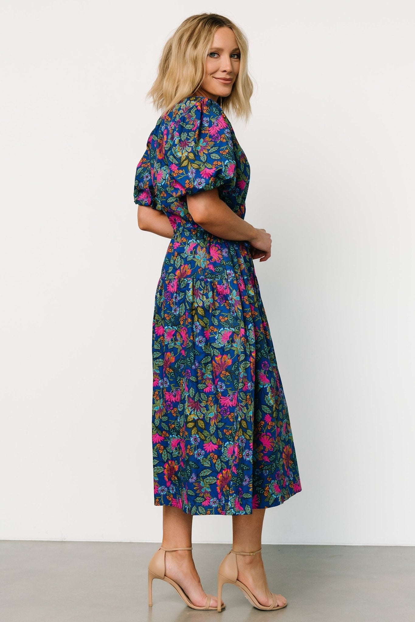 Karol Puff Sleeve Midi Dress | Blue Multi Cheap New Arrival