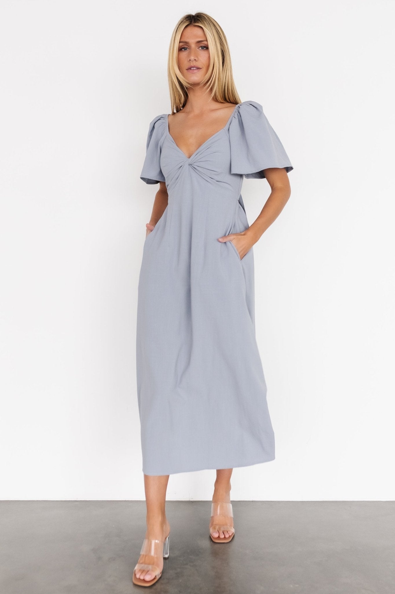 Indie Back Tie Dress | Dusty Blue Cheap Online Store Manchester