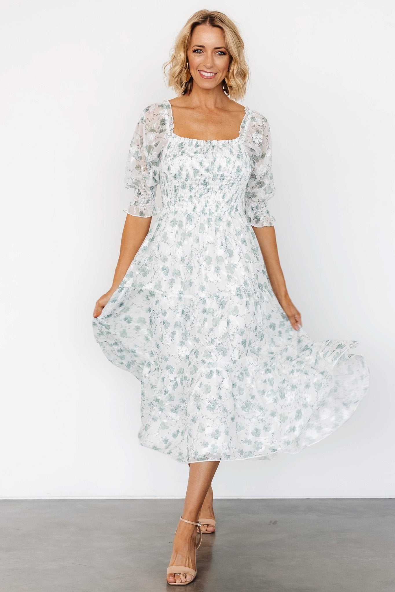 Fabian Jacquard Midi Dress | Off White + Sage Floral Best Place To Buy