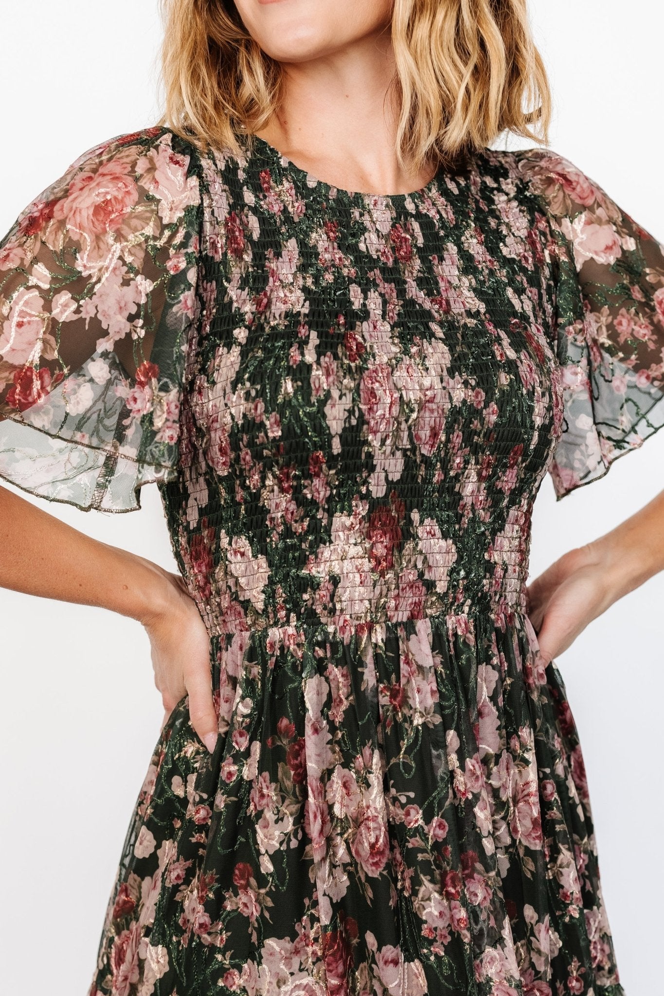 Mara Embroidered Tulle Dress | Dark Green + Blush Floral With Mastercard Cheap Pice