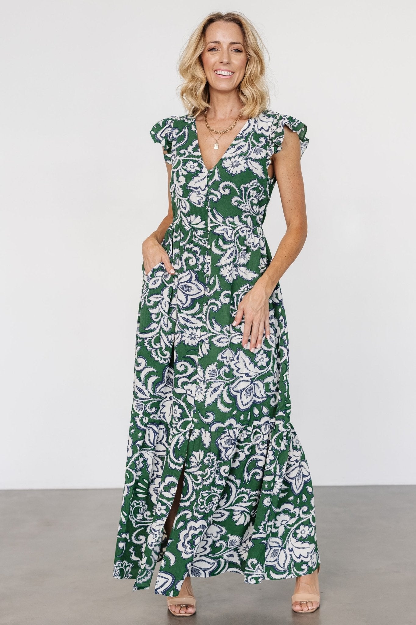 Kaia Button Maxi Dress | Green Print Cheap Sale Footaction