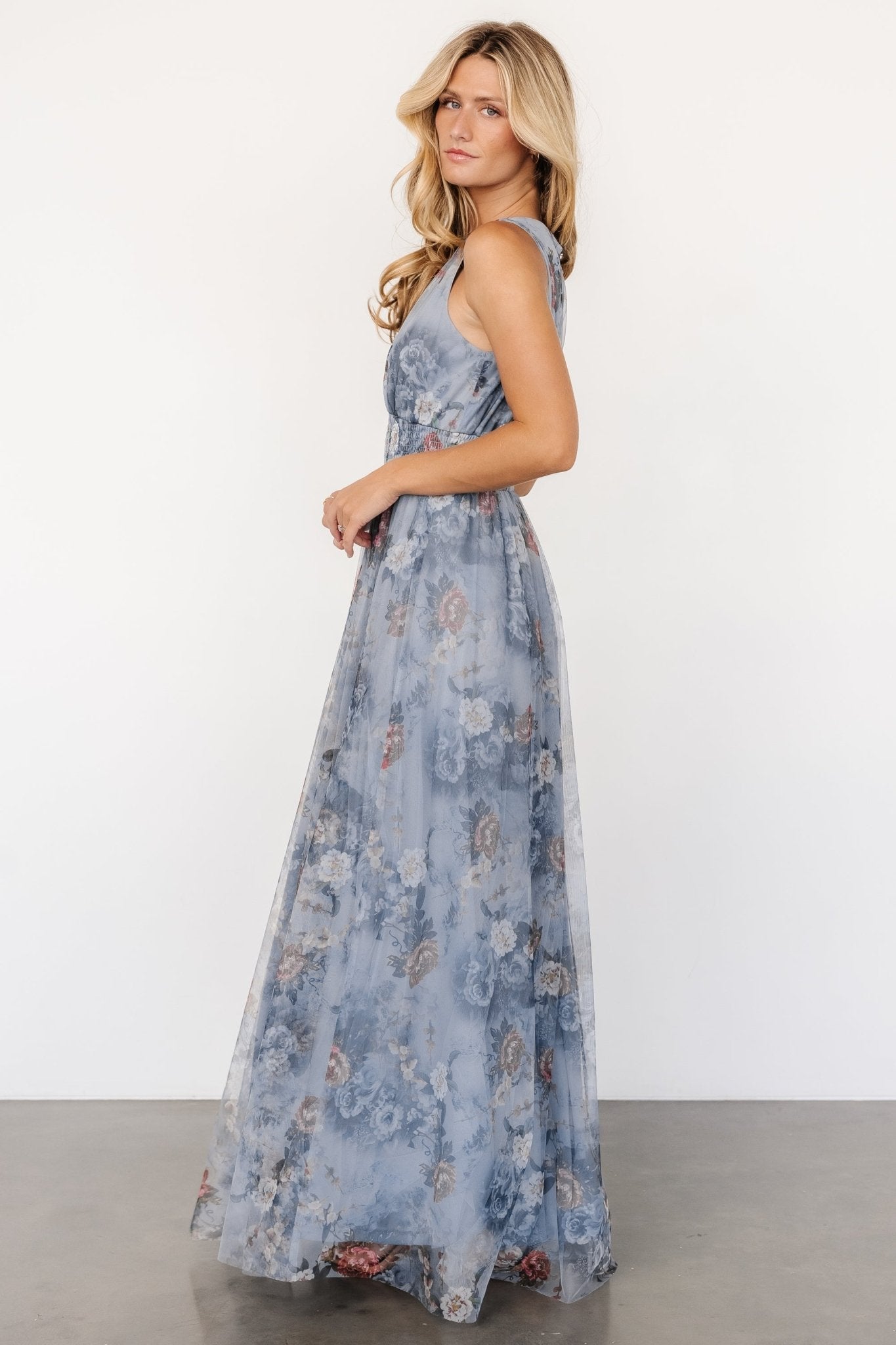 Kamila Tulle Maxi Dress | Dusty Blue Floral Free Shipping Supply