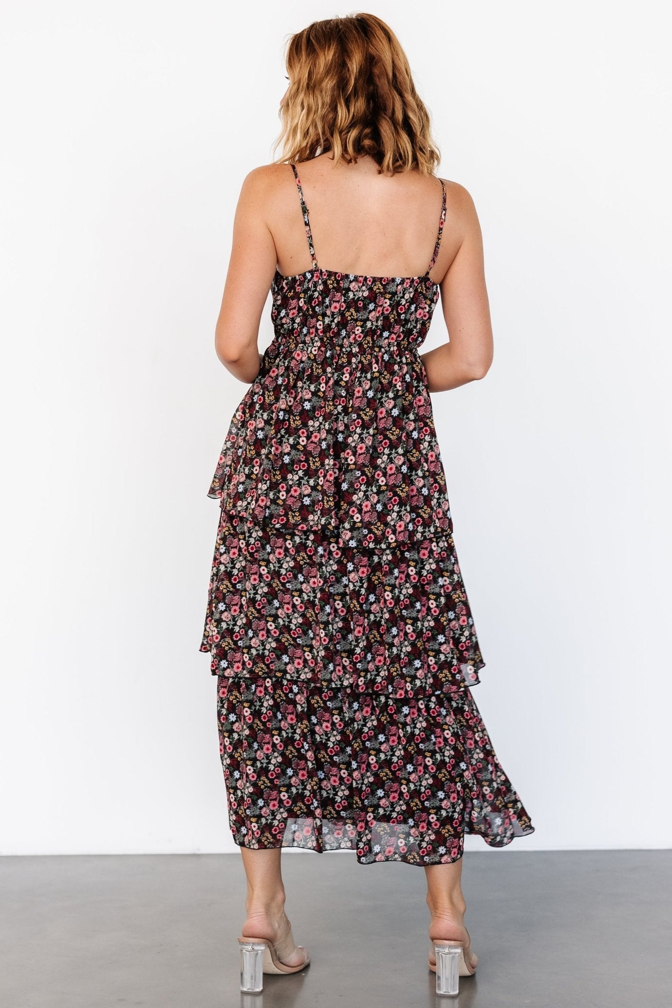 Caprice Tiered Dress | Black Floral Marketable For Sale