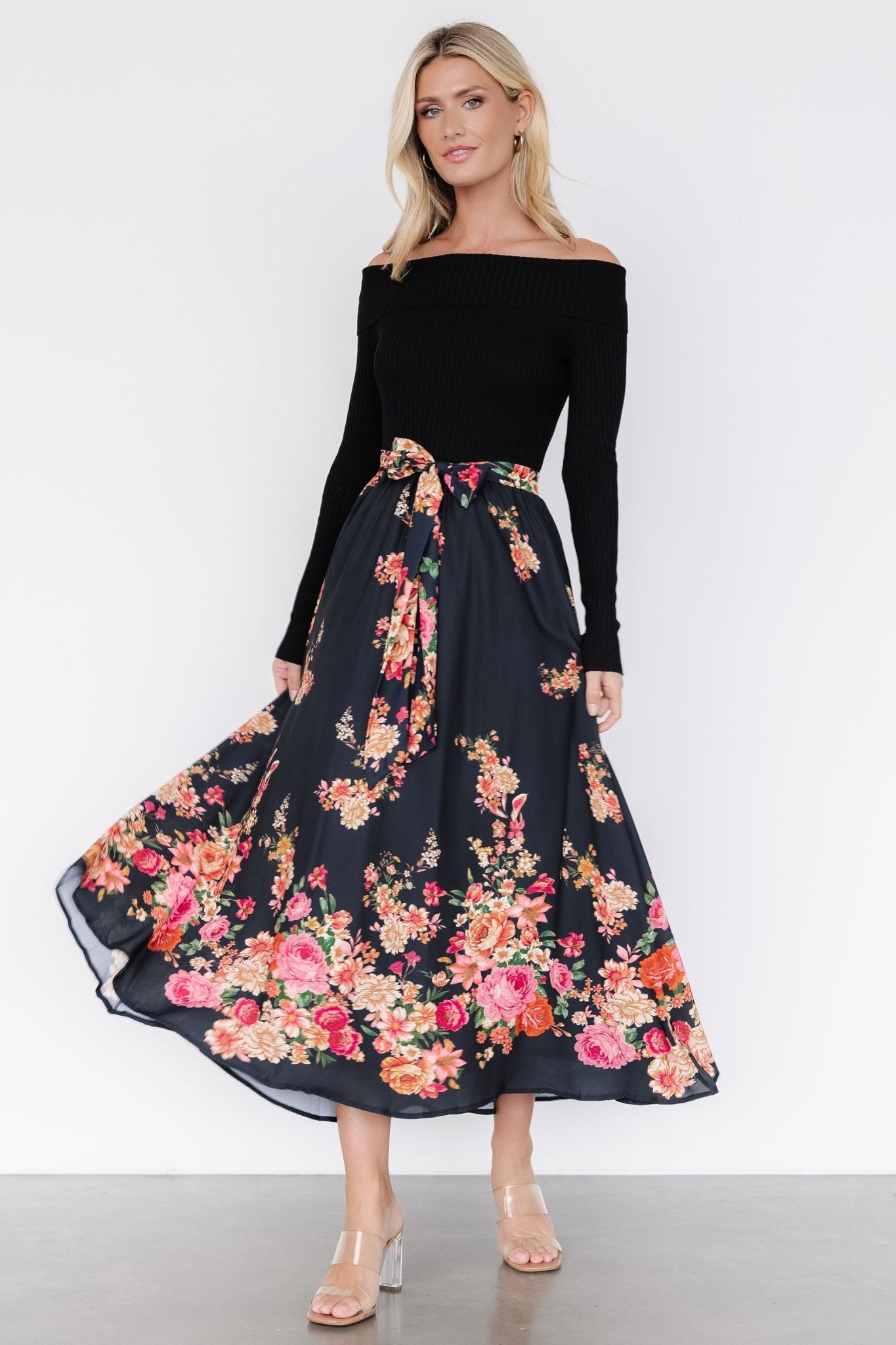 Qadira Off Shoulder Dress | Black + Multi Floral Comfortable