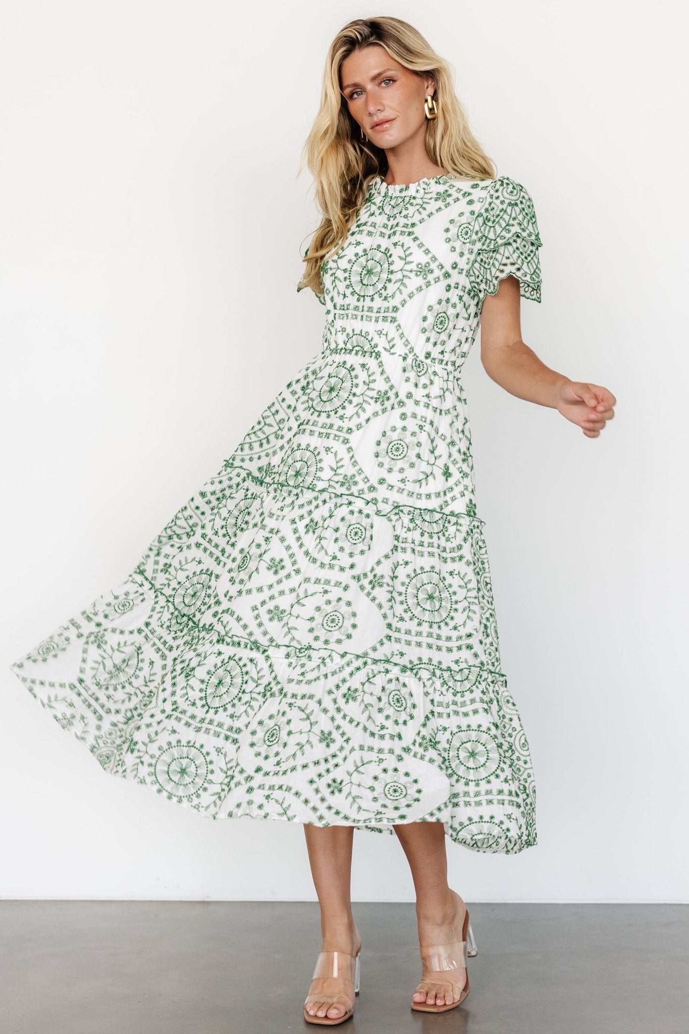 Mirabel Eyelet Midi Dress | White + Green Purchase Cheap Pice