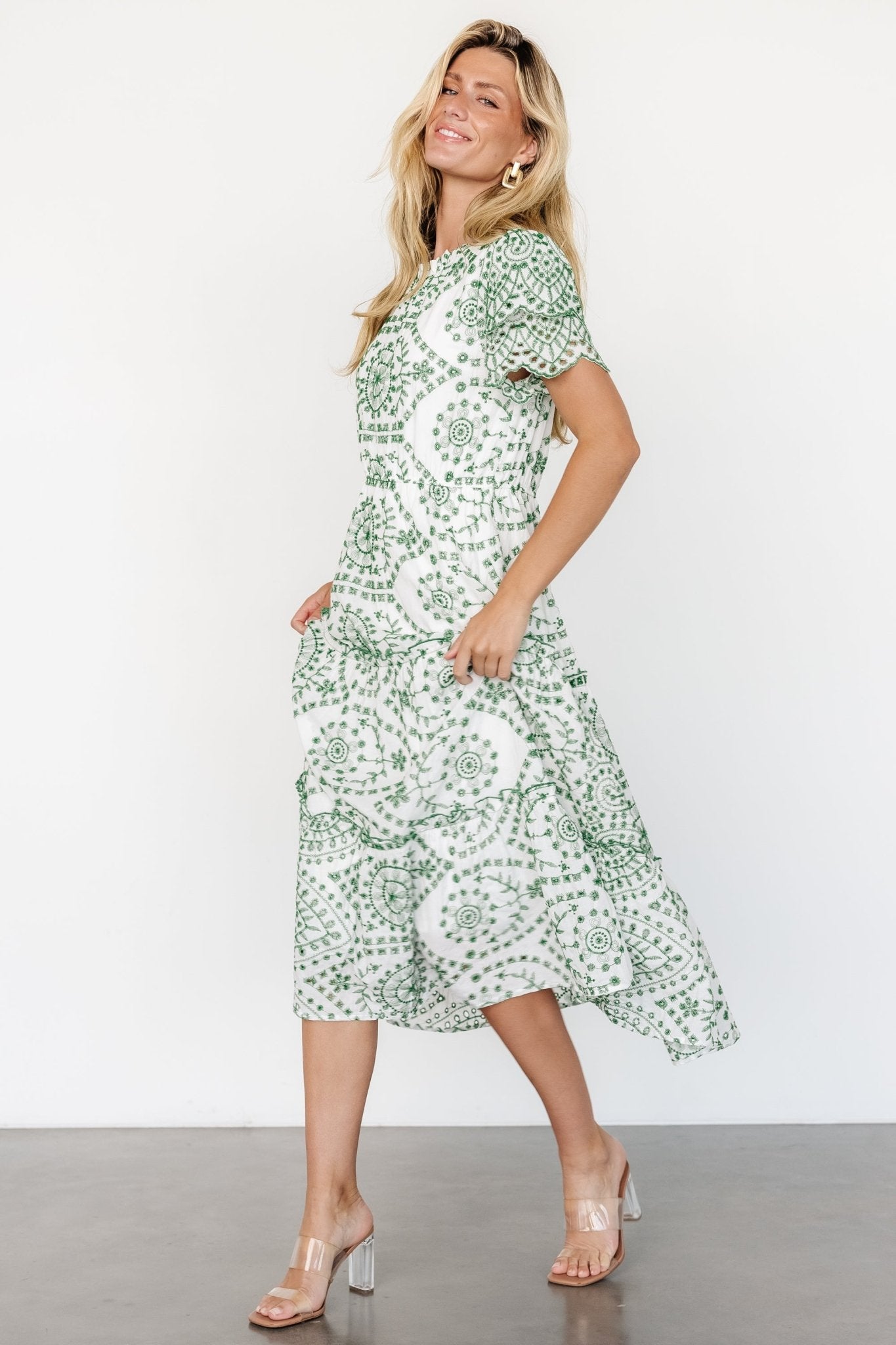 Mirabel Eyelet Midi Dress | White + Green Purchase Cheap Pice