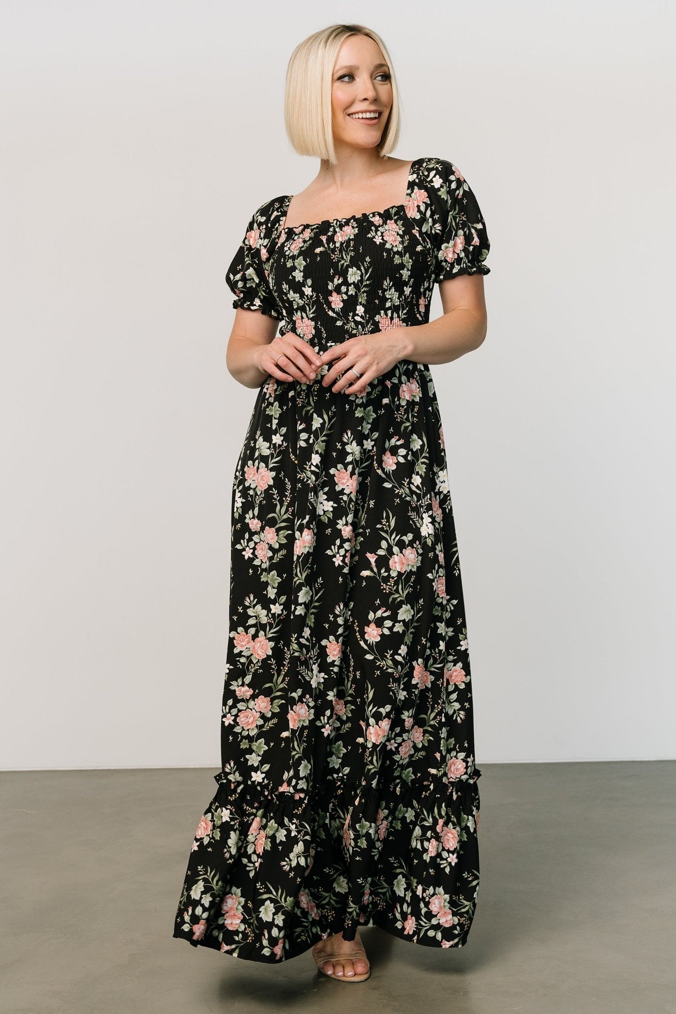 Capri Smocked Maxi Dress | Black Garden Floral Free Shipping Classic