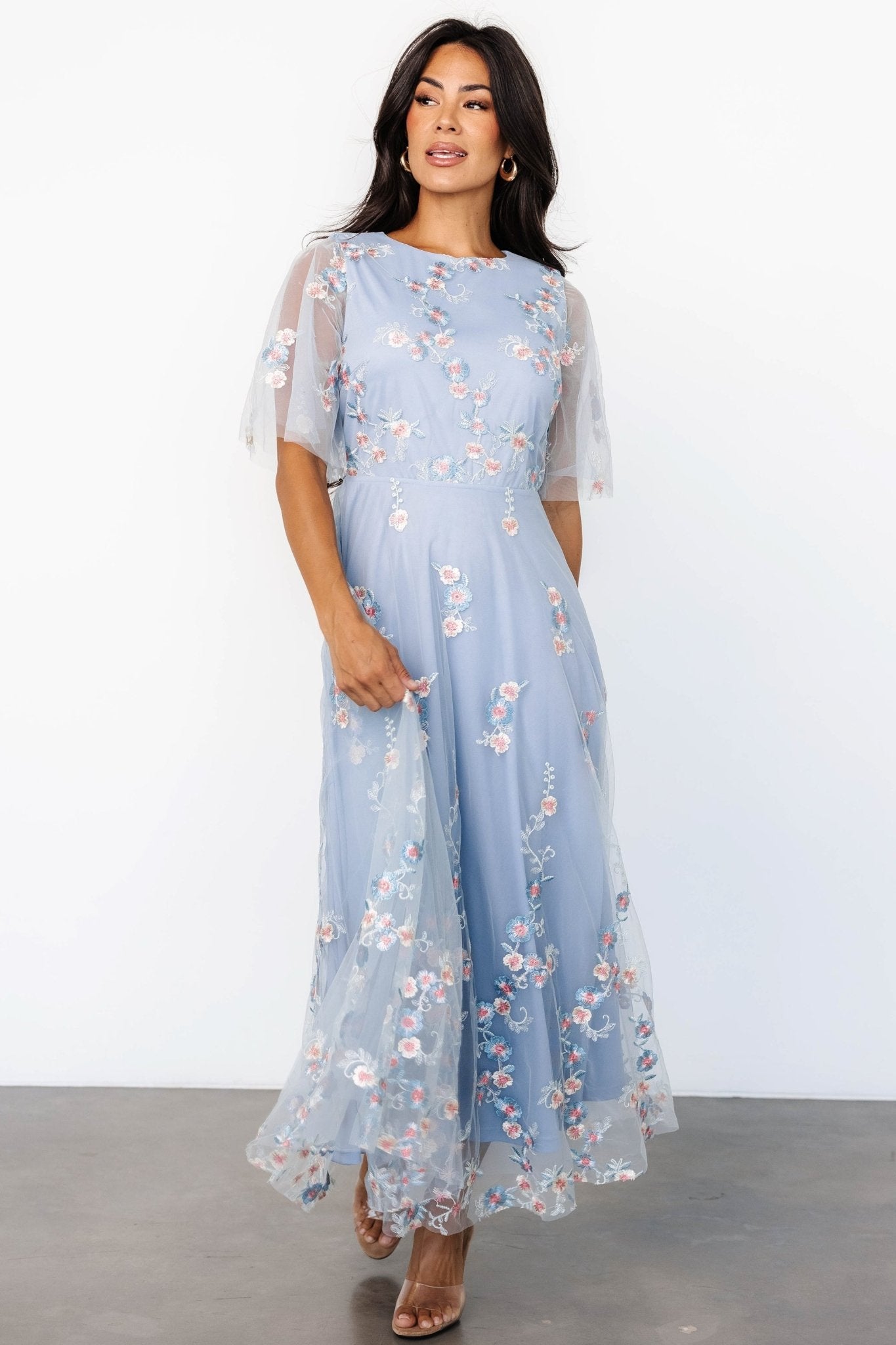 Arabella Embroidered Tulle Maxi Dress | Light Blue + Blush Safe Shopping Cheap Online