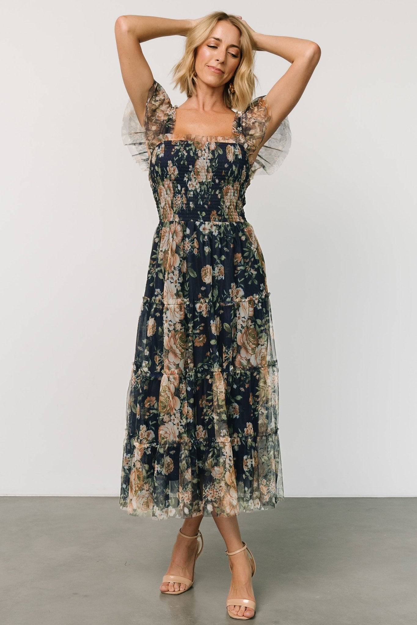 Clementine Tulle Midi Dress | Blue + Golden Floral Discount 2025 Unisex