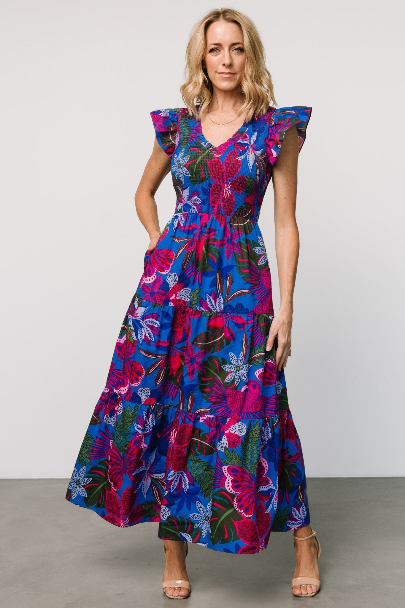 Ranchero Smocked Maxi Dress | Cobalt + Fuchsia Print Cheapest Pice Cheap Online