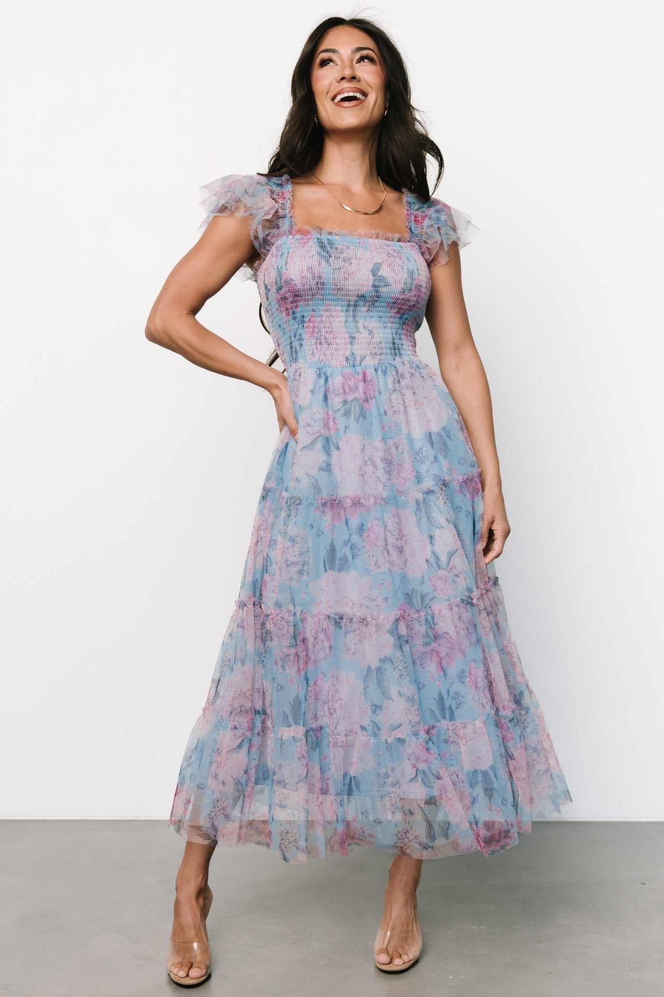 Clementine Tulle Midi Dress | Light Blue + Pink Where To Buy