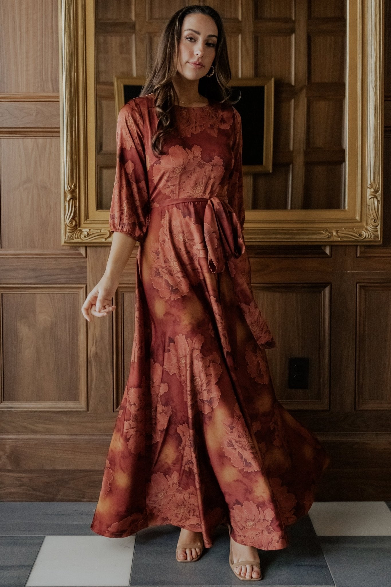 Paula Satin Maxi Dress | Terracotta Floral Outlet Affordable