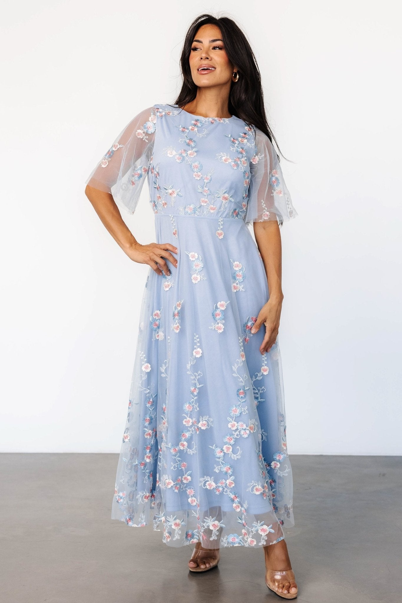 Arabella Embroidered Tulle Maxi Dress | Light Blue + Blush Safe Shopping Cheap Online