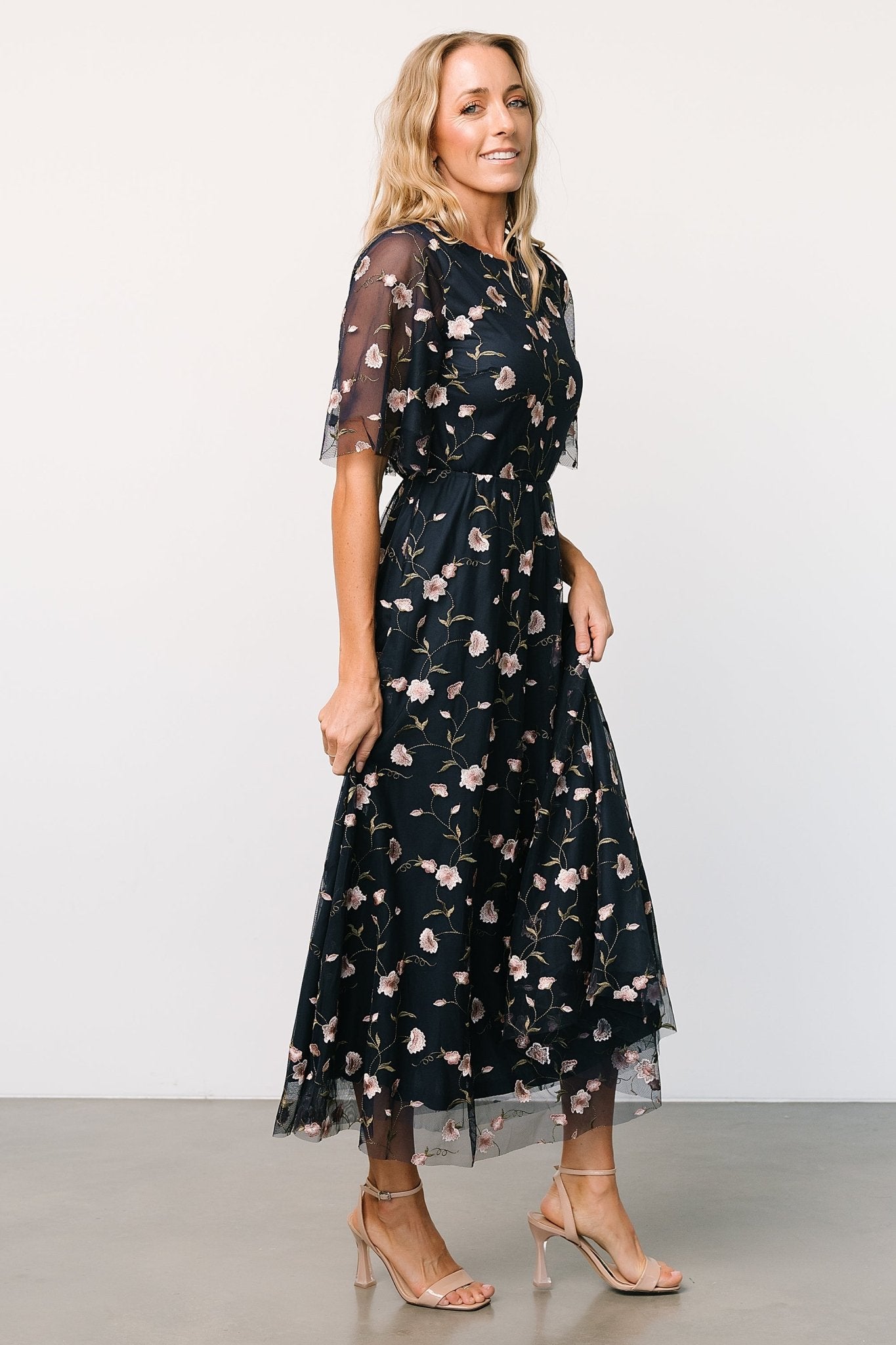 Arabella Embroidered Tulle Maxi Dress | Pink + Navy Clearance Recommend