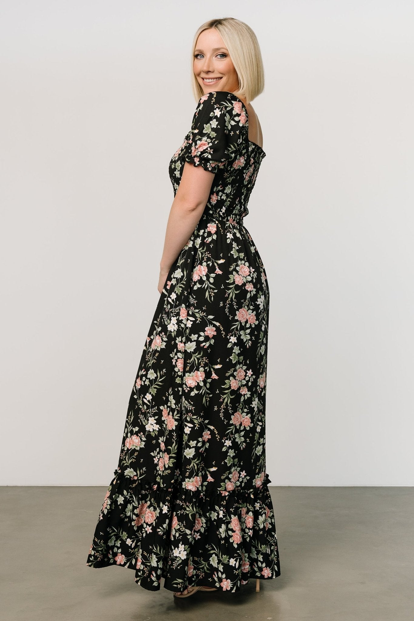 Capri Smocked Maxi Dress | Black Garden Floral Free Shipping Classic