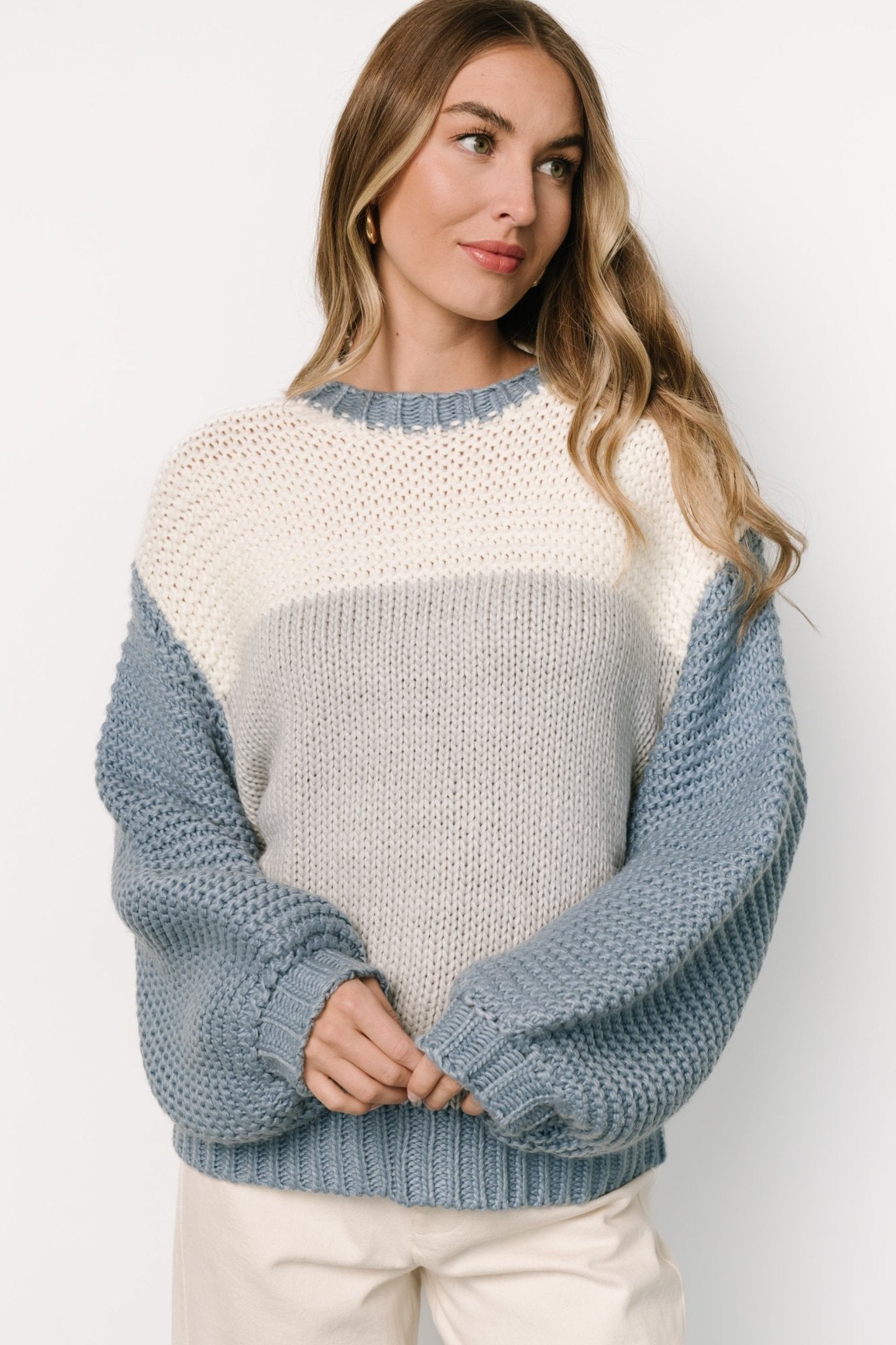 Hygge Chunky Knit Sweater | Blue + Cream Sale Cheap Online