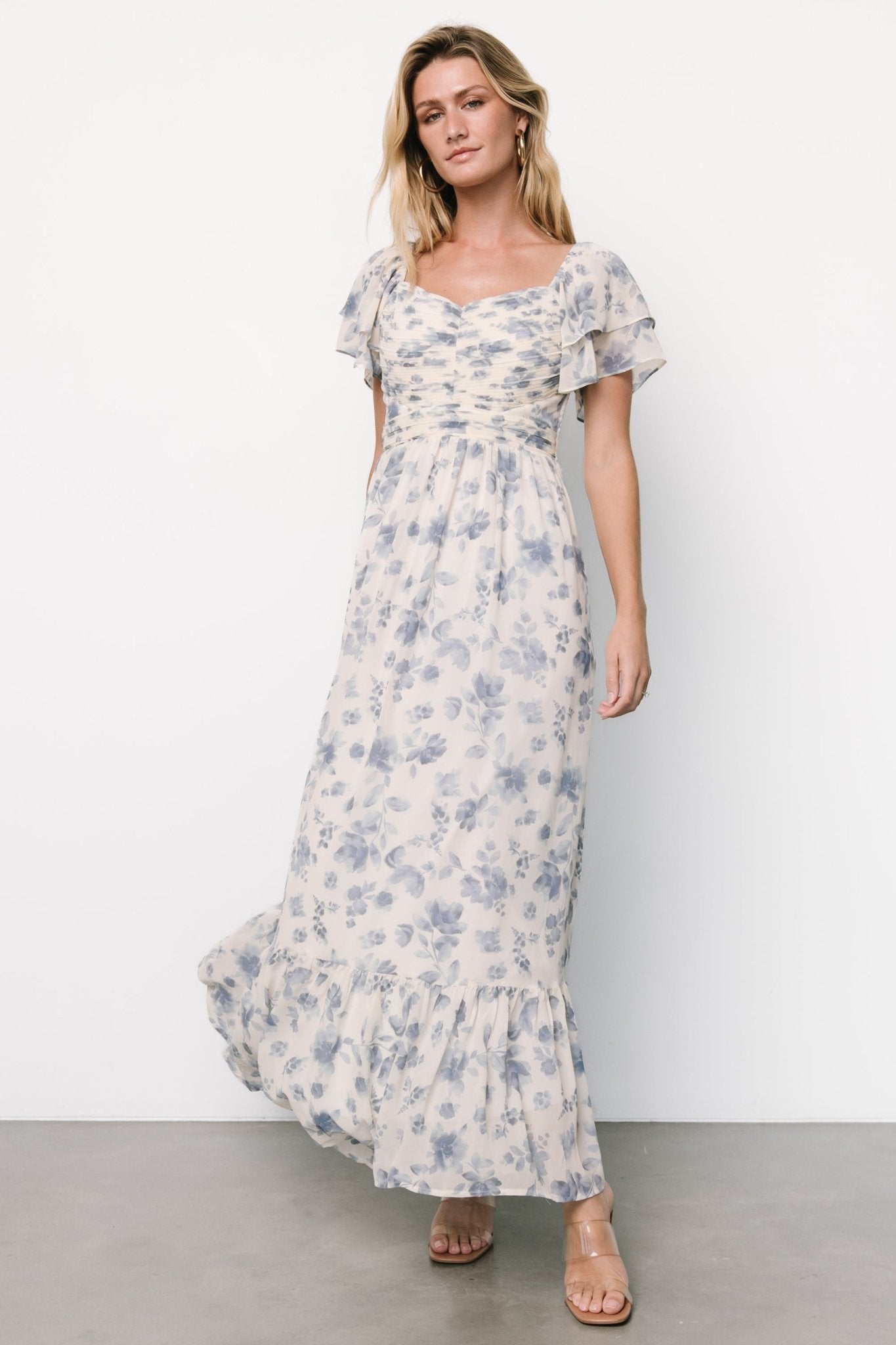 Juliana Pleated Top Dress | Ivory + Blue Floral Looking For For Sale