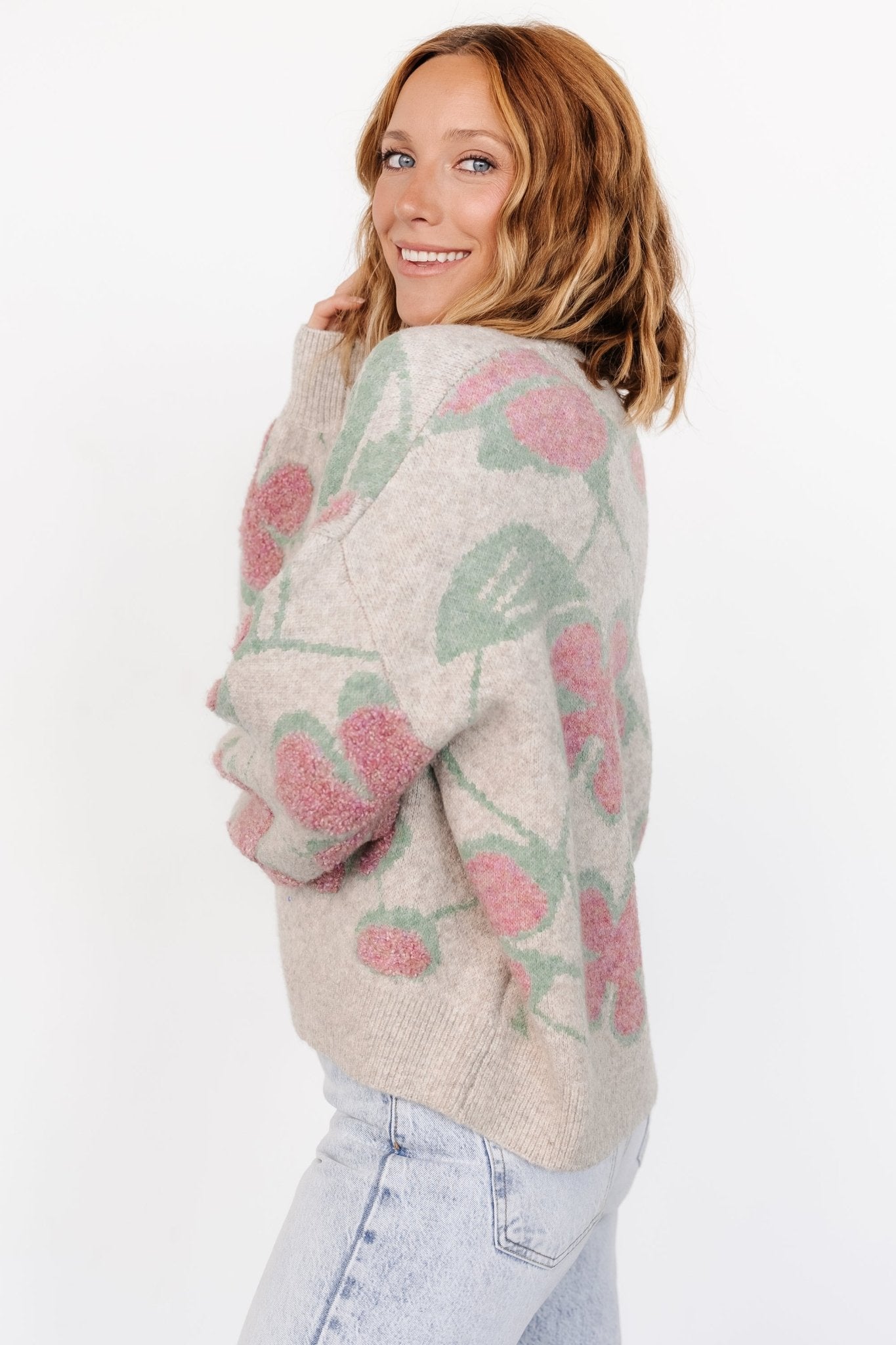 Lisbeth Flower Sweater | Green + Pink Shop For Sale