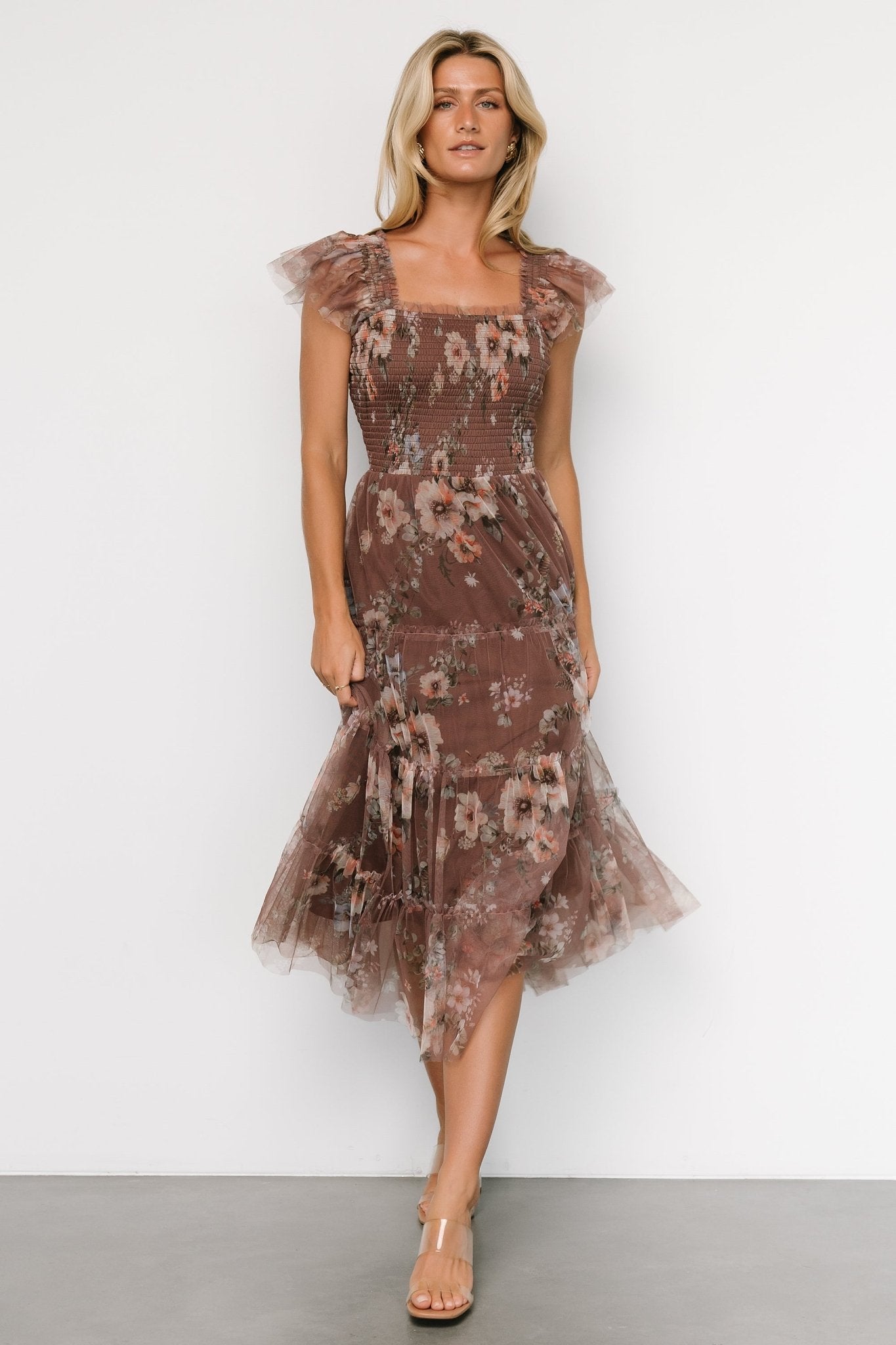 Clementine Tulle Midi Dress | Vintage Taupe Floral Websites Cheap Pice