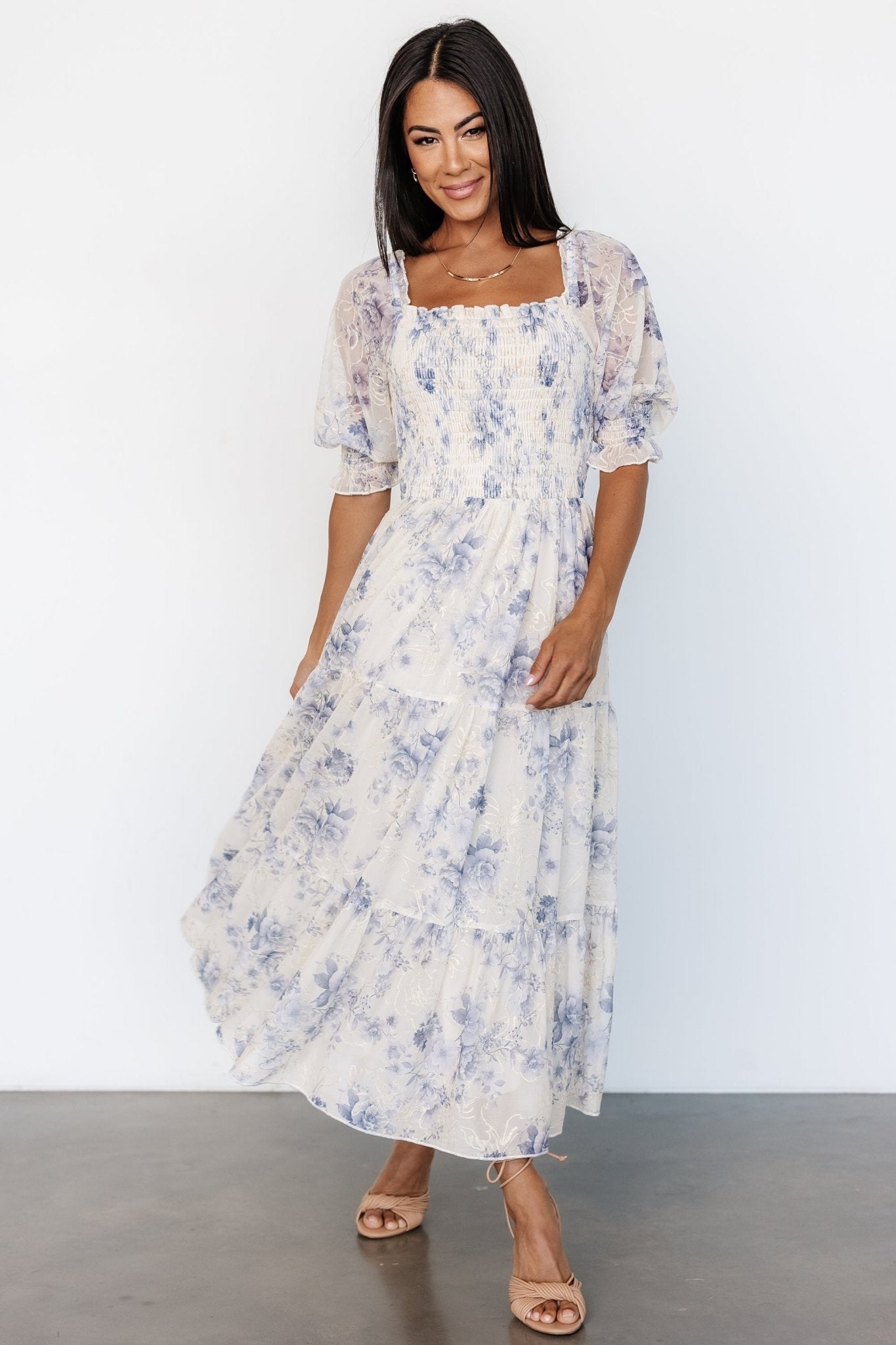 Fabian Jacquard Midi Dress | Cream + Blue Floral Buy Cheap Pice