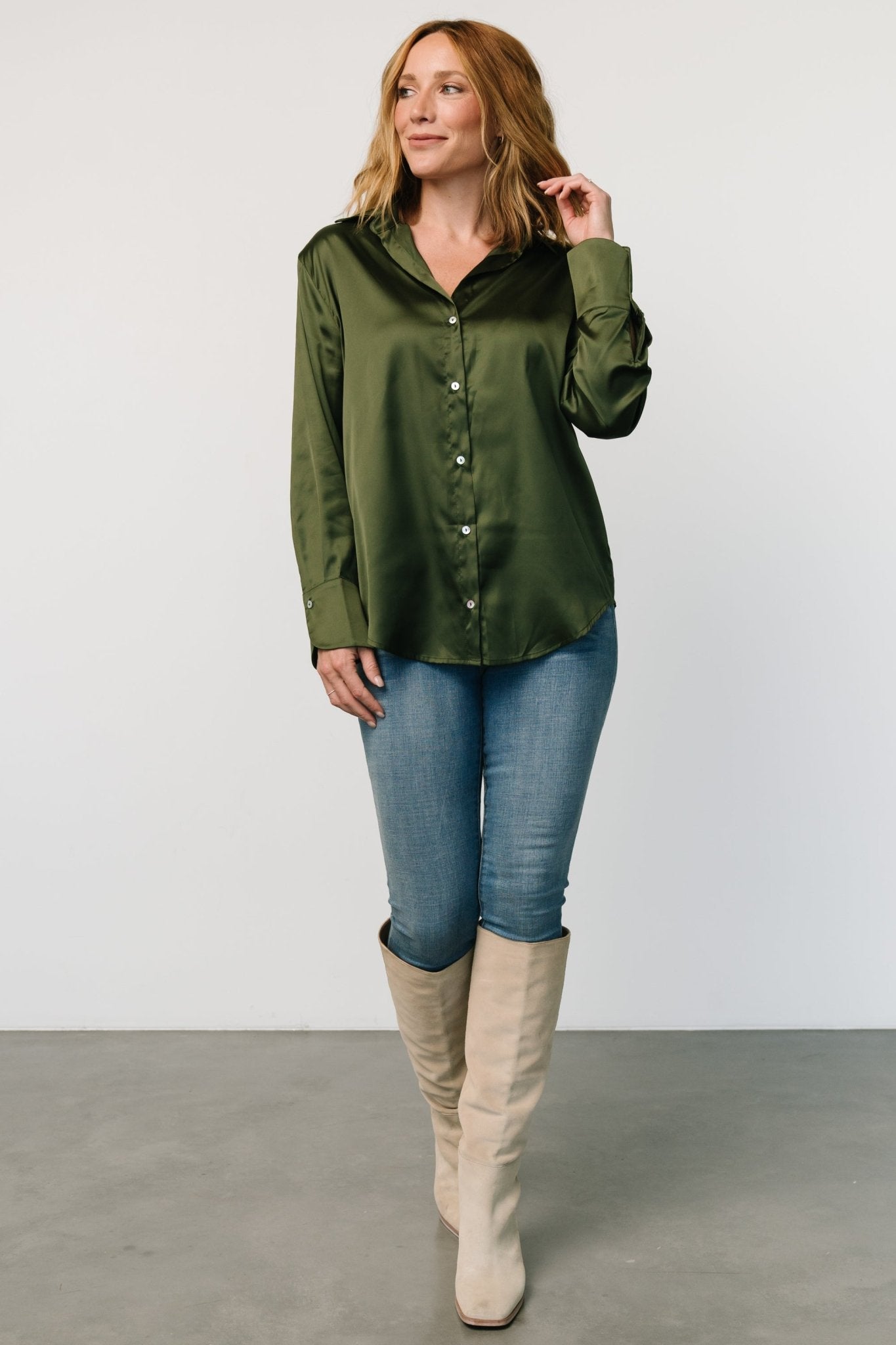 Kacey Satin Button Up Top | Dark Green Fast Delivery For Sale