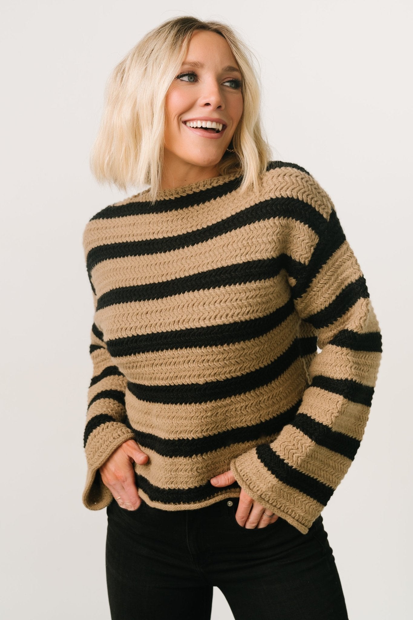 Robbie Striped Knit Sweater | Black + Camel Cheap Sale 2025