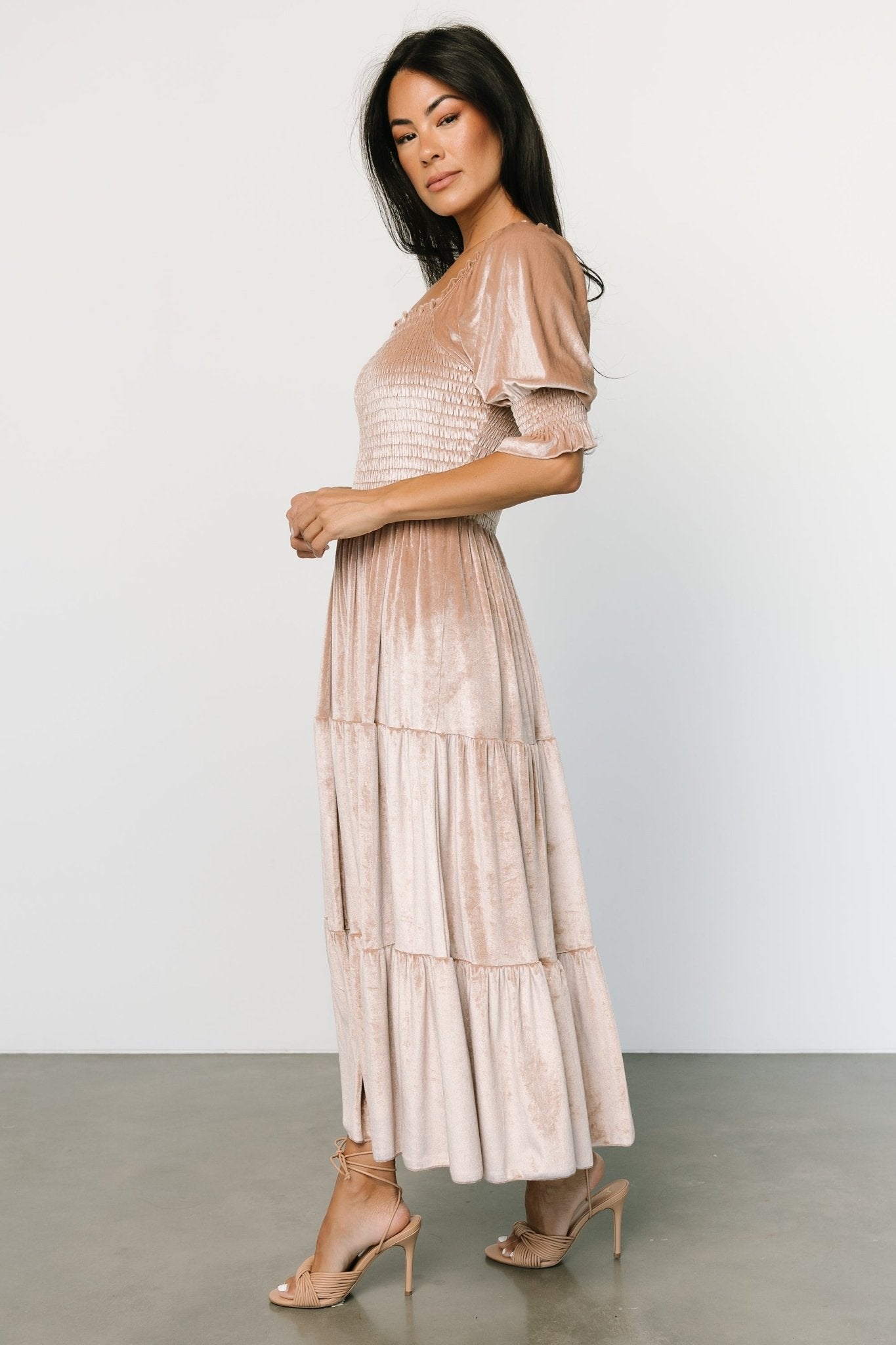 Vivaldi Smocked Velvet Midi Dress | Champagne Newest For Sale