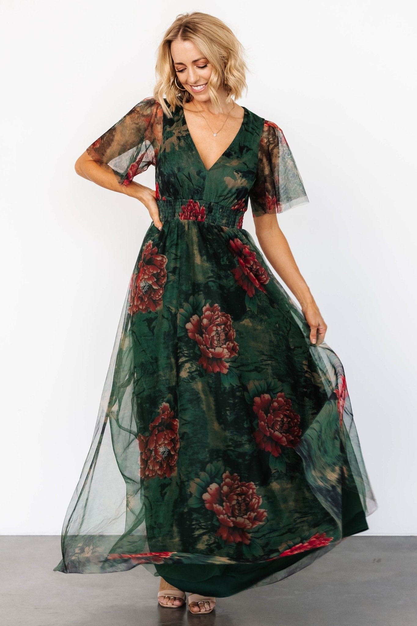 Cressida Tulle Maxi Dress | Dark Green + Red Floral Affordable Online