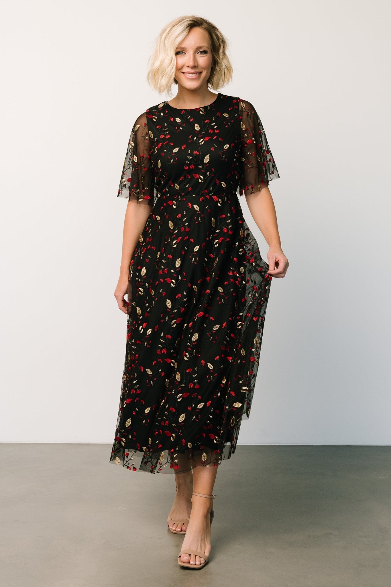 Arabella Embroidered Tulle Maxi Dress | Black + Red Pices For Sale