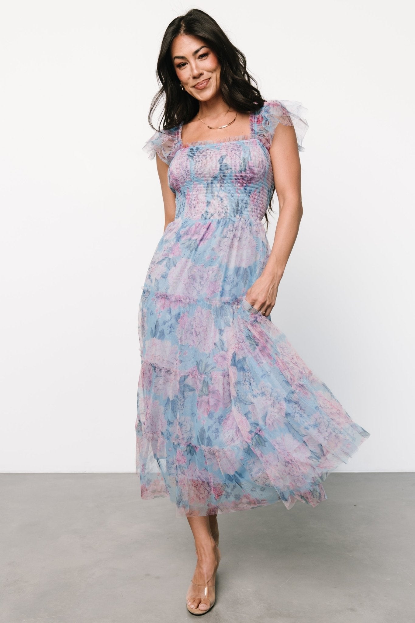 Clementine Tulle Midi Dress | Light Blue + Pink Where To Buy