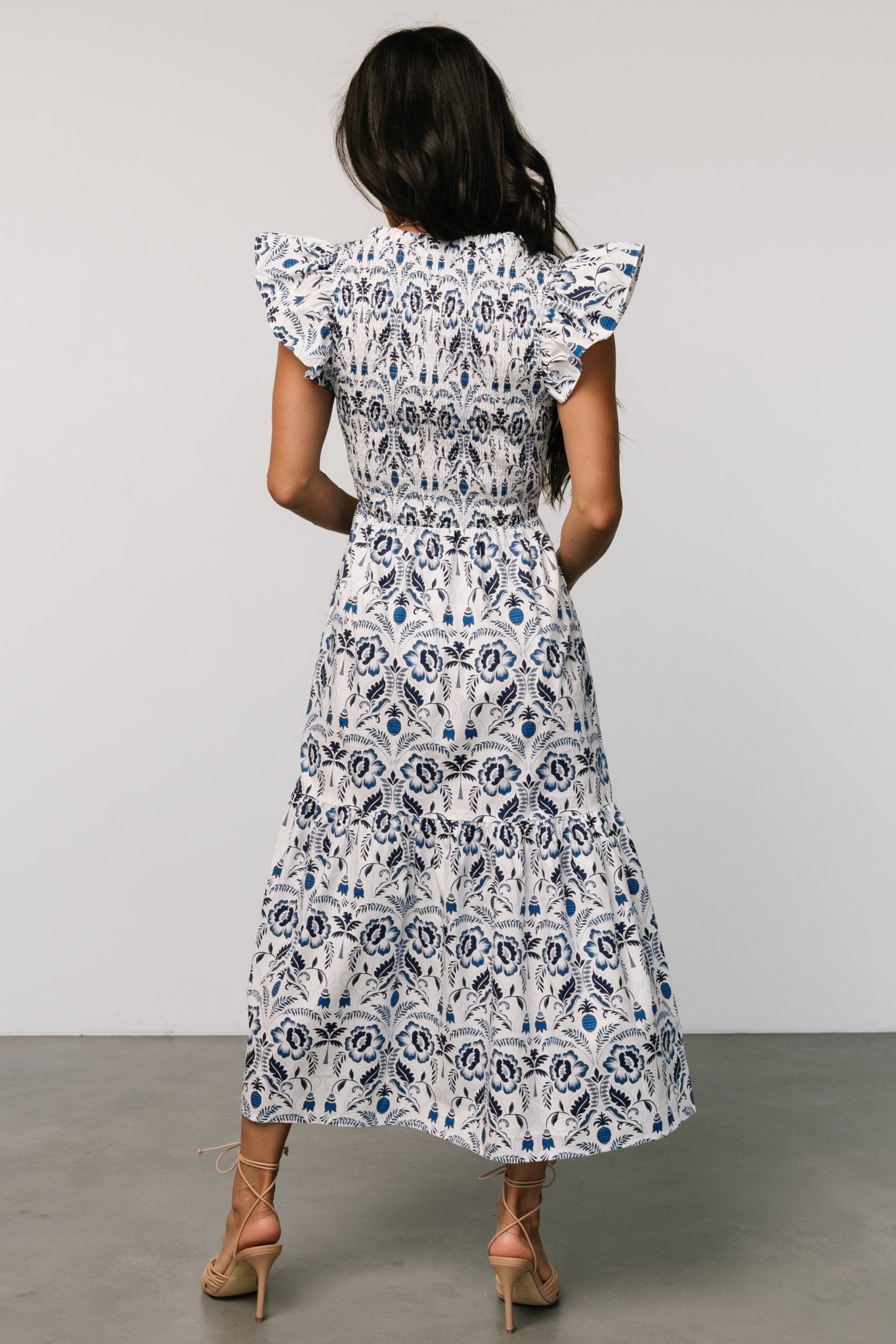 Rhodes Smocked Dress | White + Blue Print Tumblr Sale Online