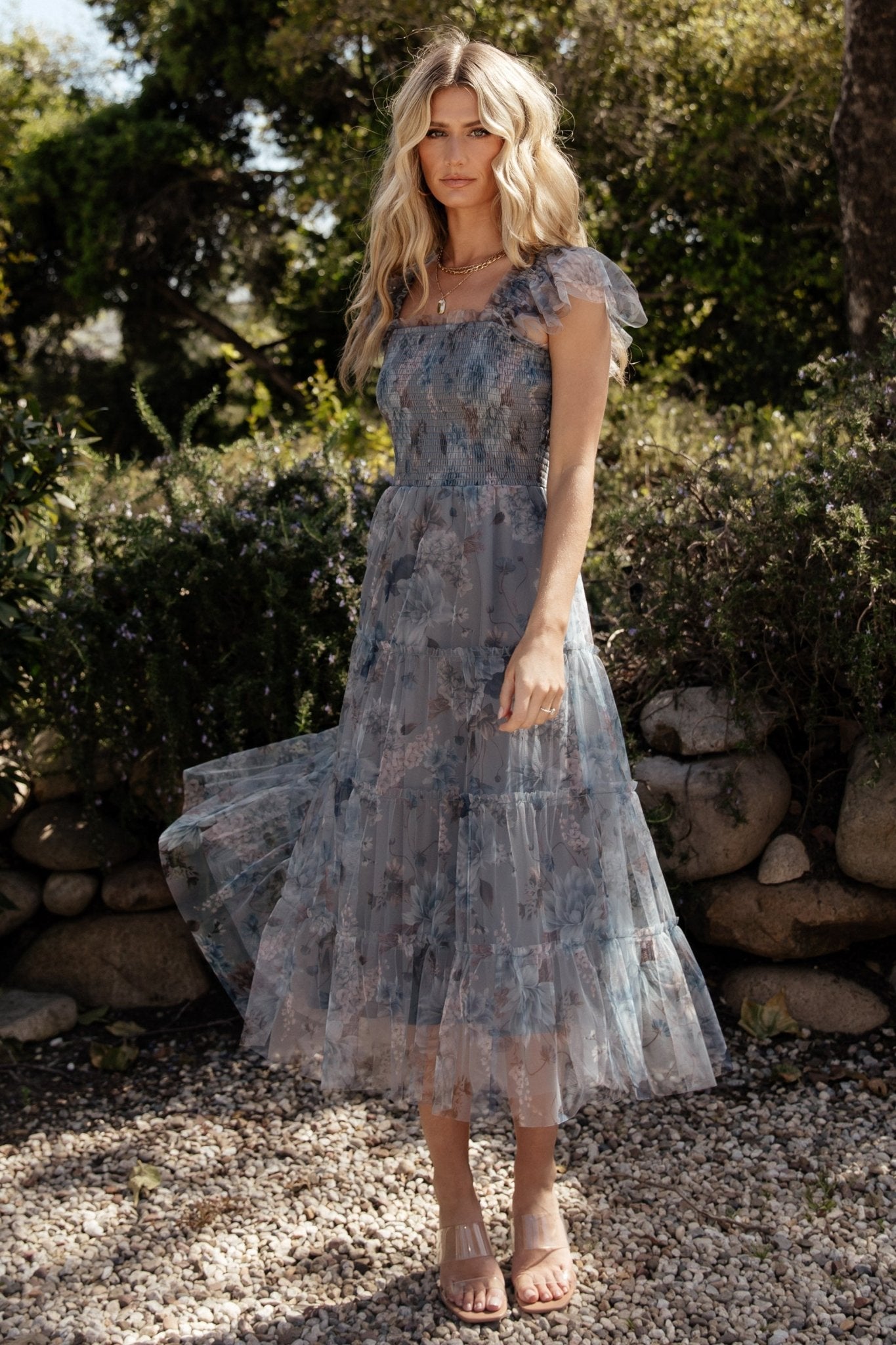 Clementine Tulle Midi Dress | Dusty Blue Floral Clearance With Mastercard